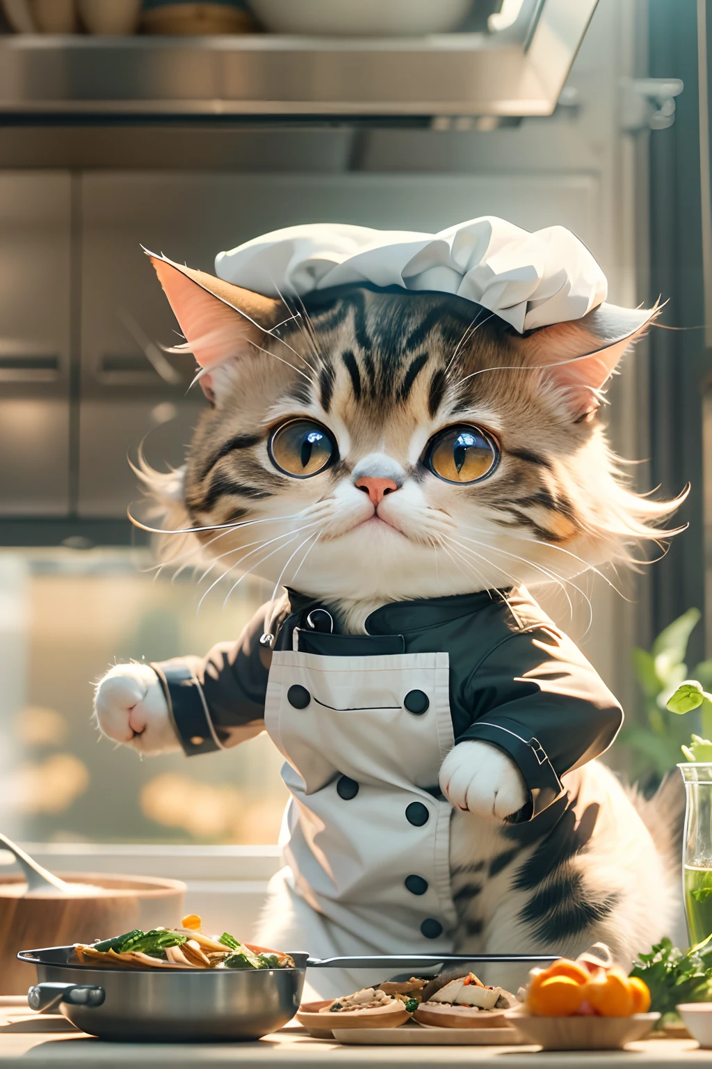 A round-eyed cute cat, Wear a chef's suit, Stir-fry in the kitchen, Sunlight outside the window.