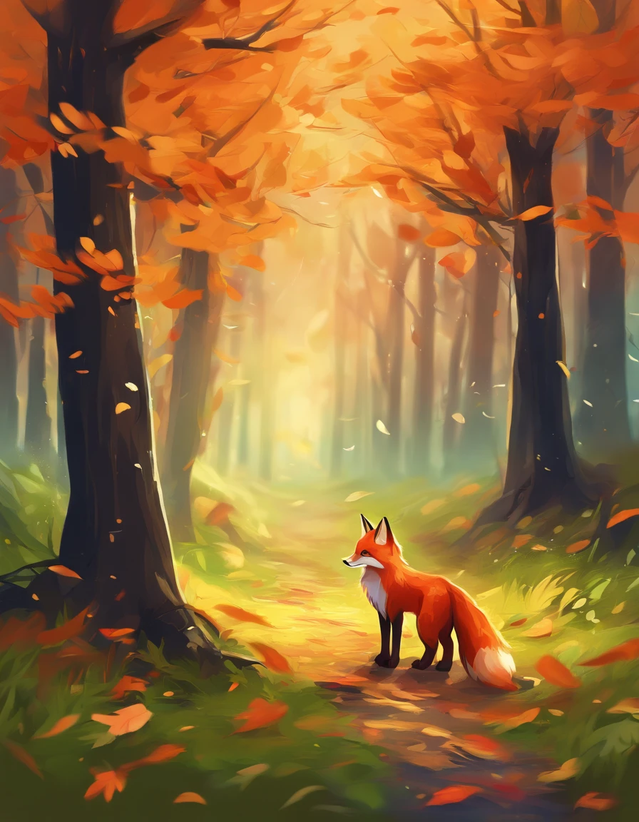 (best quality,4k,8k,highres,masterpiece:1.2),ultra-detailed,(realistic,photorealistic,photo-realistic:1.37),colorful autumn scene,lonely fox,cute fox,autumn forest,fox wearing cloak made of maple leaves,hiding fox,root of a tree,rainy day,serene atmosphere,maple trees,fall foliage,beautifully colored fox,dark green and orange leaves,peaceful environment,natural lighting,soft raindrops,leaves on the ground,gentle mist,flickering sunlight through the trees,majestic tree trunks,quiet solitude,magical atmosphere