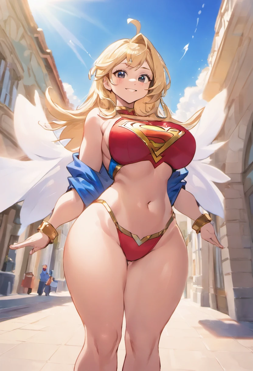 Obra maestra, 8k, alta calidad, Altamente detallado, Cara detallada, HDR, vivid colors, natural  lighting, Las mejores sombras, poca profundidad de campo, cuerpo completo de (Superchica:1.1) De pie en , sonrisa hermosa, Rostro juvenil, falda roja, capa roja, piernas desnudas, muslos brillosos, muslos desnudos, Red boots with heels, pechos enormes, pechos gigantescos, (tetas desproporcionadas: 1.4), ropa estirada por enormes pechos, culturista, musculatura, huge biceps, Strong bare leg muscles ((culturista:1.5)), Seductores ojos azules, rubio, (Superman symbol on the chest:1.2), piernas desnudas, Ombligo abierto, cielo azul, luz del sol, nubes, sol, florecer, muestra bragas blancas, mano abre falda, se ve braga blanca