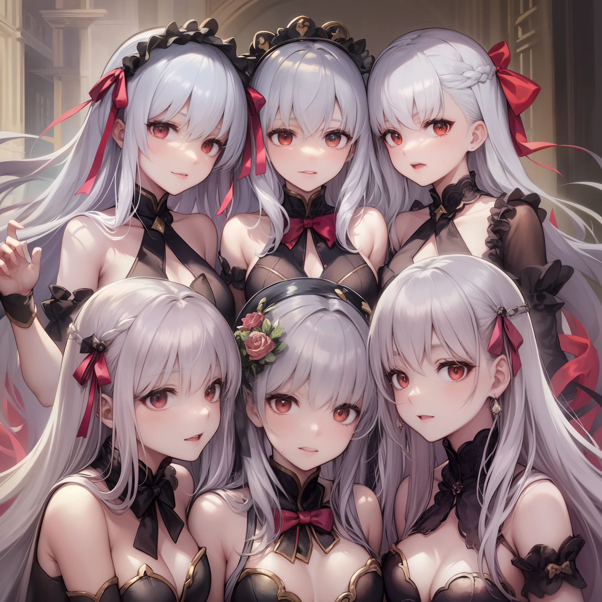 ((masterpiece)),((hightquality)),(((hight resolution))),(((absurderes)),((((Lucullan banquets)))),(((10 girls))),((((Lori and her sister's sister clone harem)))),(((crowd shot))),(((full body Esbian))),(((((Standing))))),((((anime screen cap)))),(((((clones))))),((Harlem Clone)),((Sister clones)),(((((Bright red eyes))))),(((Silver-only hair color))),((((Red ribbon and silver hair color,)))),((((((Illustration of silver-haired clone sister harem wearing red ribbon)))))),(((Fate))((FGO)),((Kama)),,((((Sheer Babydoll Underwear)))),((all girls are sisters)), ((((Ecstatic woman blushing on screen)))),(((Sweaty figure))),((Meet at the Clone Sisters Harlem)),(((Clone sister harem swarming together)),((( Clone sister harem on background))),(( 100girls)),((Crowded, Full of clones)),,((perfect anime illustration)), 100girls, All Girls Are Clone's Sister Harem, (sisters crowded together), Clone sister harem on background, Rich Clone Sister Harem, (( 超A high resolution)), (Full body),(((Harem of 1000 Clone Sisters))),,