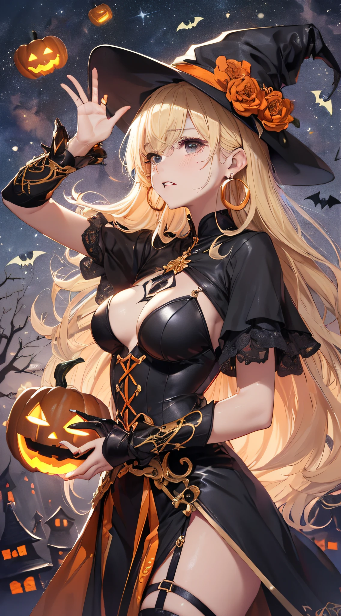 top-quality、Top image quality、masterpiece、teens girl((18year old,Black Wizard Hat、Black and orange sexy clothes,Orange and black skirt、Orange muffler,Best Bust、Bust 85、Blonde long hair,Black eyes、open chest wide、Valley、Happiness、A slender、Blood coating、Emphasis on the chest、Bats tattoo、Gold Earrings、Teary-eyed、shed tears,waving at viewer,))hiquality、Beautiful Art、Background with((Halloween at night))、Depth(Rift in space-time)masutepiece、Elaborate design、visualart、high contract、The best lighting、highestdetailed、low angles