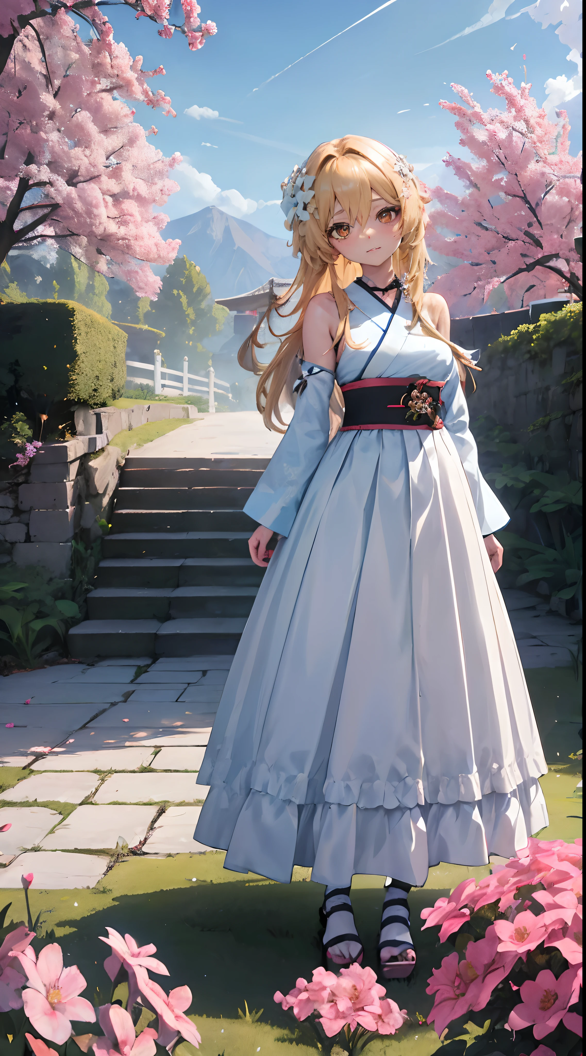 Lumine | genshin impact, master-piece, bestquality, 1girls,25 years old, proportional body, proportional., long-haired, Wear Hanbok, mediuml breasts, ,bara, choker, Standing in the middle of a flower garden, outdoor, The sky is beautiful, arm behind back, against wall, View viewers from the front., Thigh strap, Head tilt, bored, 10, 10, HD, slight smile,