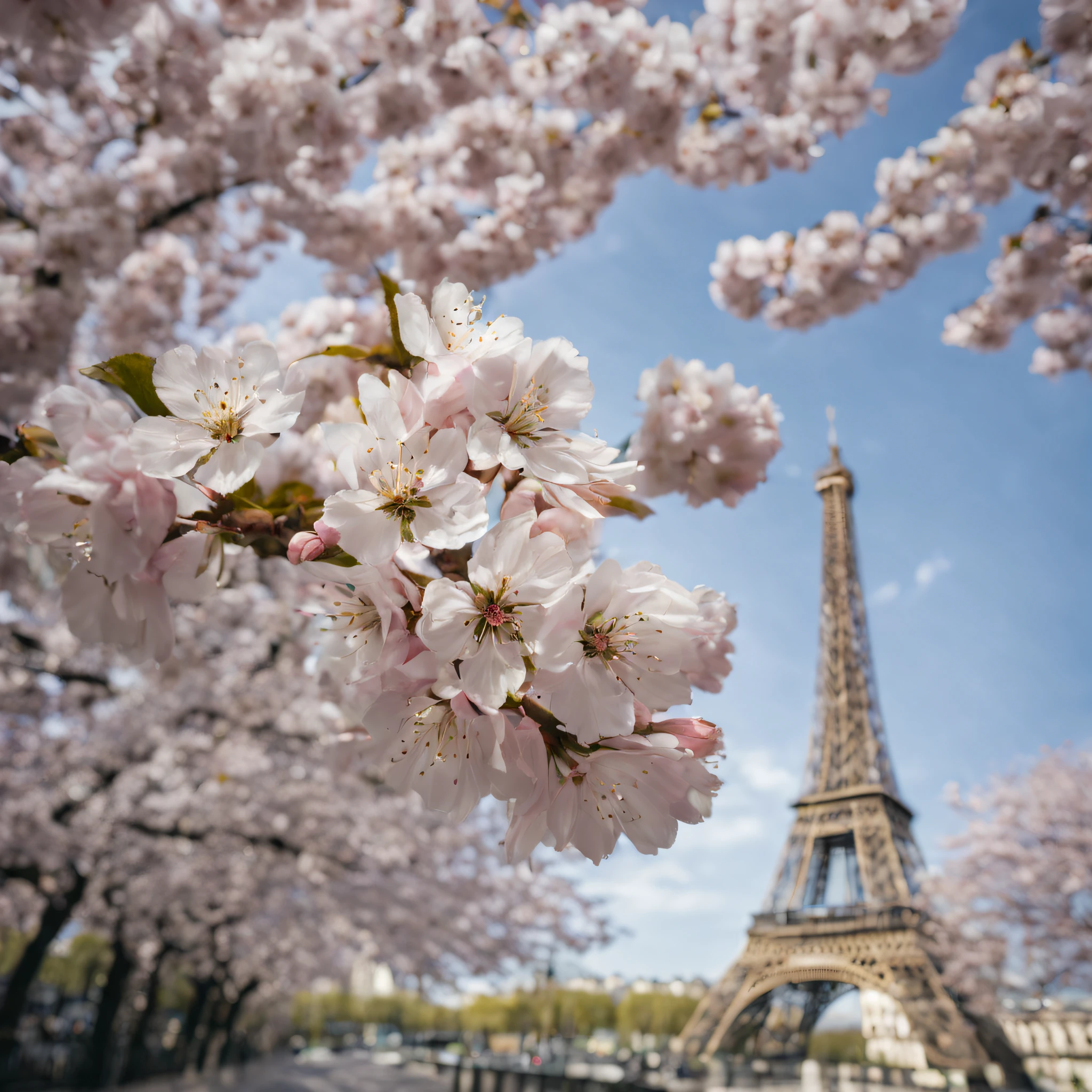 Cherry Blossoms in Paris in the springtime, wild flowers, Canon RF 16mm f:2.8 STM Lens, hyperrealistic photography, style of unsplash and National Geographic