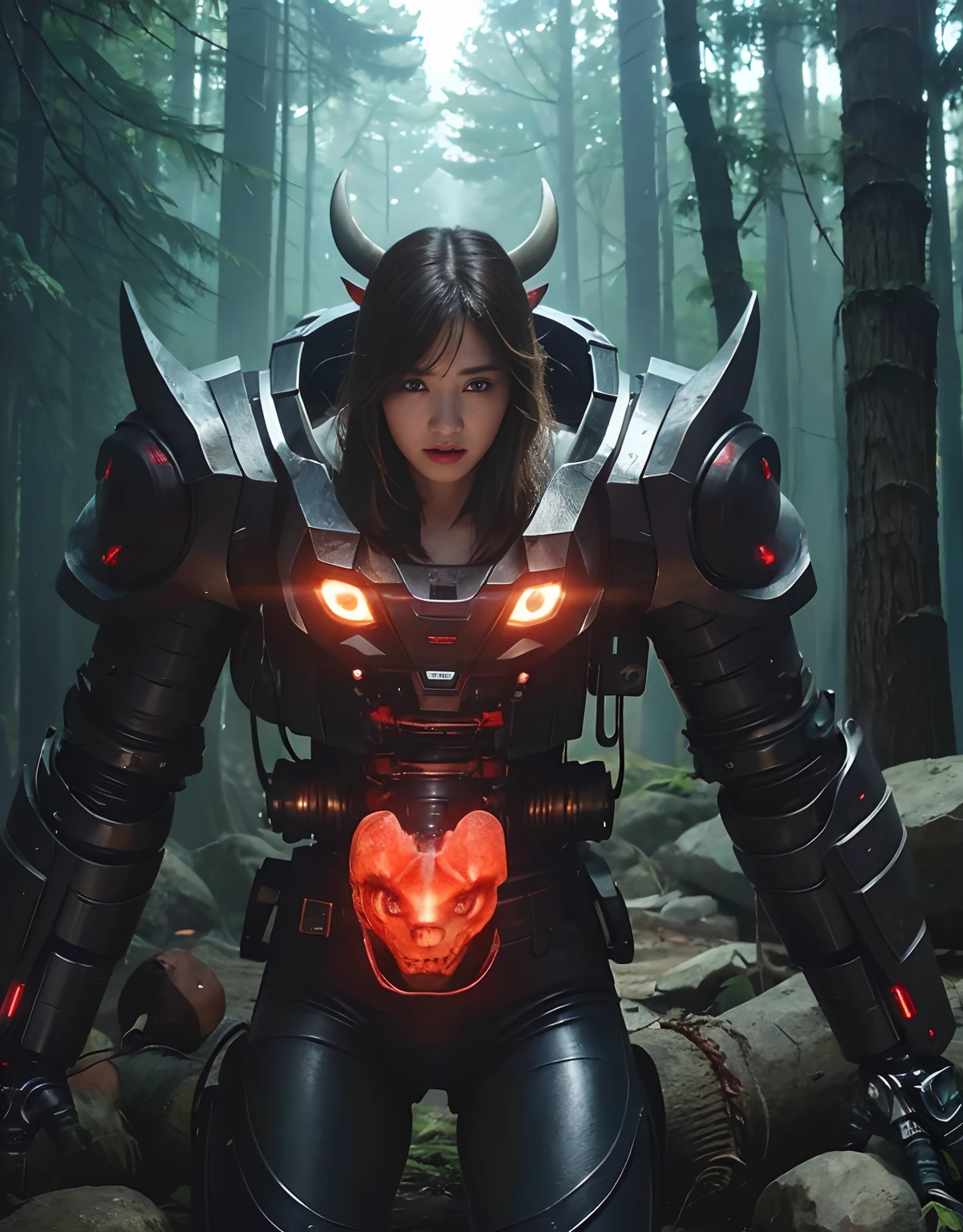 (1 Mechanical Girl)、top-quality、​masterpiece、超A high resolution、(Photorealsitic:1.4)、Raw photo、女の子1人、Fight mutants、glowy skin、(((1 Mechanical Girl)))、With a beautiful knife、（Yellow Metal Bodysuit）、(Kobold、ogre、Fierce battle with orcs),（Fight fiercely against aliens）、Fight fiercely、(beautiful forest background)、(Fighting Demonic Beasts)、(Small LED)、((super realistic details))、portlate、(Strong giant demon beast background),globalillumination、Shadow、octan render、8K、ultrasharp、Colossal tits、Raw skin is exposed in cleavage、metals、Details of complex ornaments、Japan details、highly intricate detail、Realistic light、(Mystical expression),CGSoation Trends、Red Eyes、radiant eyes、Facing the camera、neon details、(Mechanical limbs)、(blood vessels connected to tubes)、Mechanical vertebrae attached to the back、mechanical cervical attaching to neck、(Wires and cables connecting to the head)、Gundam、Small LED、,Mechanical thighs、Toostock、（Hands are also made of machines）、（Attack of the Monster Beasts）、（Wounded in a deadly battle）、