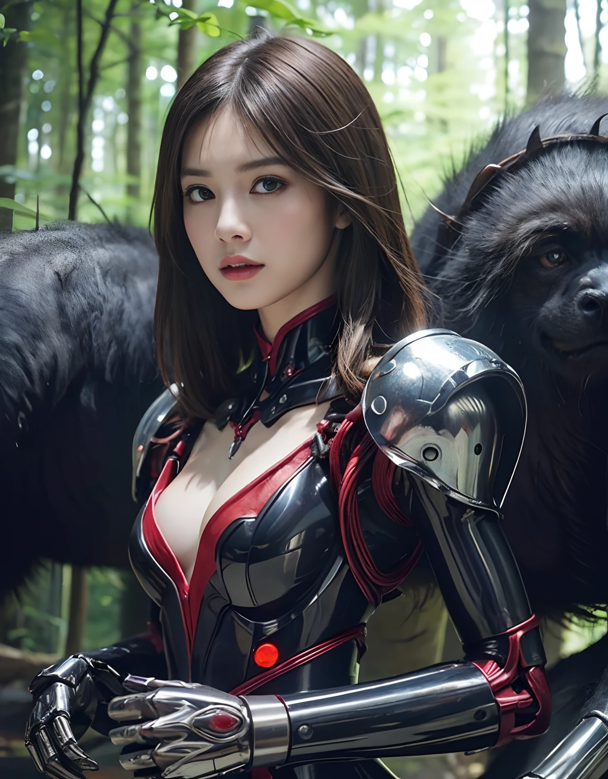 (1 Mechanical Girl)、top-quality、​masterpiece、超A high resolution、(Photorealsitic:1.4)、Raw photo、女の子1人、Fight mutants、glowy skin、(((1 Mechanical Girl)))、With a beautiful knife、（Yellow Metal Bodysuit）、(Kobold、ogre、Fierce battle with orcs),（Fight fiercely against aliens）、Fight fiercely、(beautiful forest background)、(Fighting Demonic Beasts)、(Small LED)、((super realistic details))、portlate、(Strong giant demon beast background),globalillumination、Shadow、octan render、8K、ultrasharp、Colossal tits、Raw skin is exposed in cleavage、metals、Details of complex ornaments、Japan details、highly intricate detail、Realistic light、(Mystical expression),CGSoation Trends、Red Eyes、radiant eyes、Facing the camera、neon details、(Mechanical limbs)、(blood vessels connected to tubes)、Mechanical vertebrae attached to the back、mechanical cervical attaching to neck、(Wires and cables connecting to the head)、Gundam、Small LED、,Mechanical thighs、Toostock、（Hands are also made of machines）、（Attack of the Monster Beasts）、（Wounded in a deadly battle）、