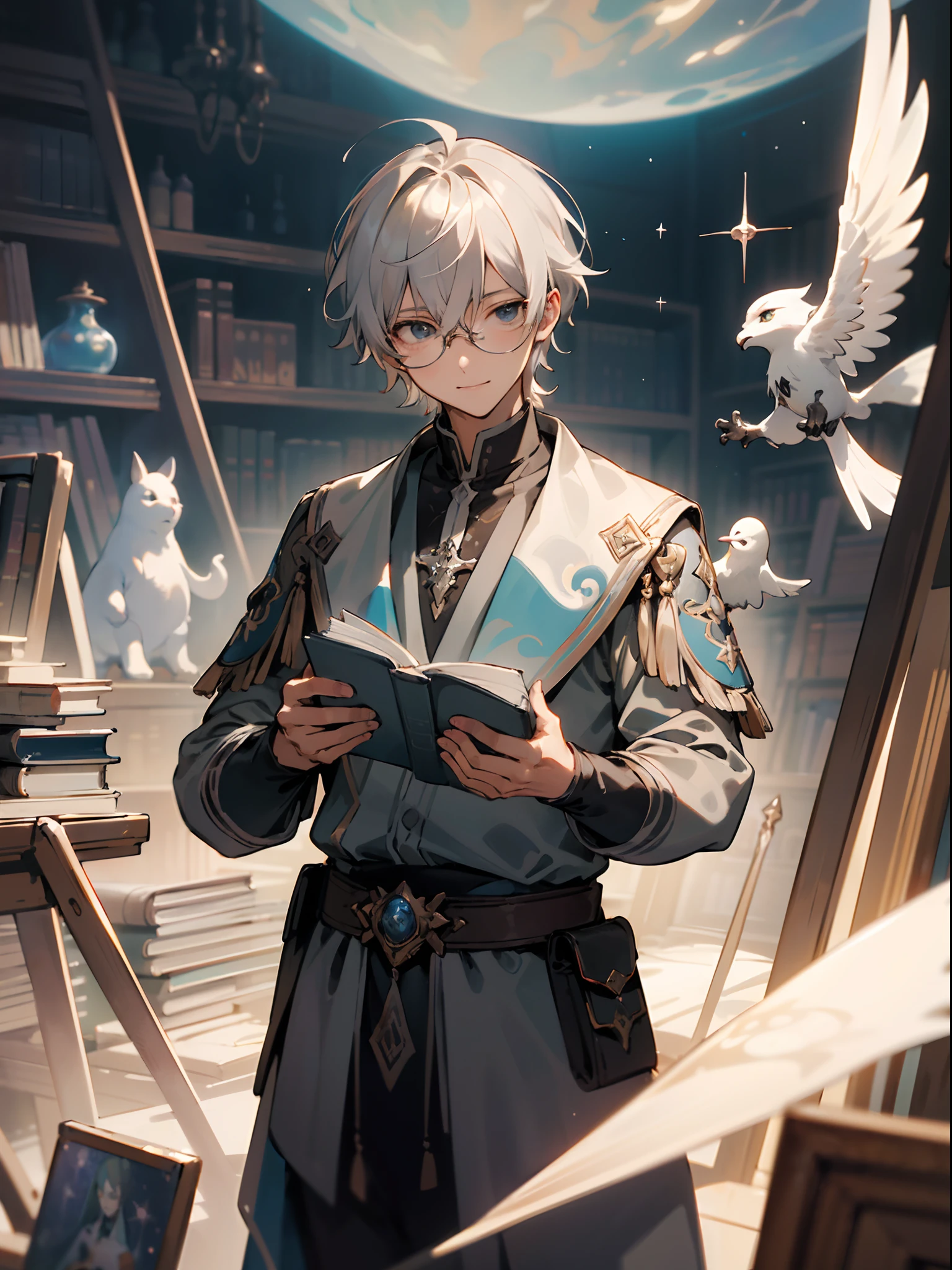 (Male child, eye glasses,A smile, silber hair，cowboy  shot),(((​masterpiece)))、(((top-quality)))、((ultra-definition))、(High Definition CG Illustration)、((extremely delicate and beautiful)), Background with:Maxim Velekhin's Tomasz Allen Kopela、Babel Library in Tadeusz Pruszkowski、Inspired by Tadeusz Pruszkowski's Babel Library、Photo of a pile of books、magical realism painting、Science Fantasy Painting、Bone Space Library、There is artwork from the Infinite Celestial Library。