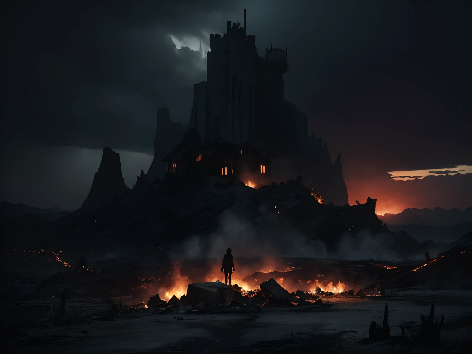 The climate is intensive, gothic horror vibes, horror fantasy art, Dead color,In a desolation full of mutants and robbers、In a post-apocalyptic world,One with a rough appearance、Weather-beaten lone survivors struggle to survive。The landscape is desolate and barren,Jagged rocks and twisted metal stick out of the scorched earth。The colors are soft and monotonous,Special emphasis is placed on brown and gray。The atmosphere is one of despair and despair,There is constant danger lurking around every corner