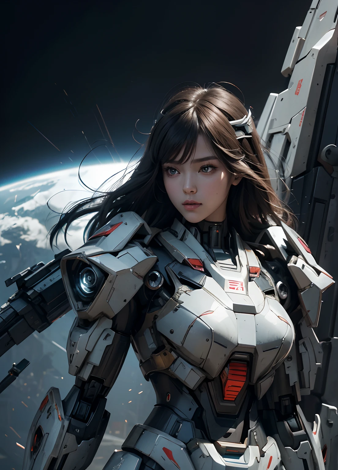 Textured skin, Super Detail, high details, High quality, Best Quality, hight resolution, 1080p, hard disk, Beautiful,(Gundam),beautiful cyborg woman,Mecha Cyborg Girl,Battle Mode,Girl with a Mecha Body,She wears a futuristic Gundam mecha,Fulll body Shot