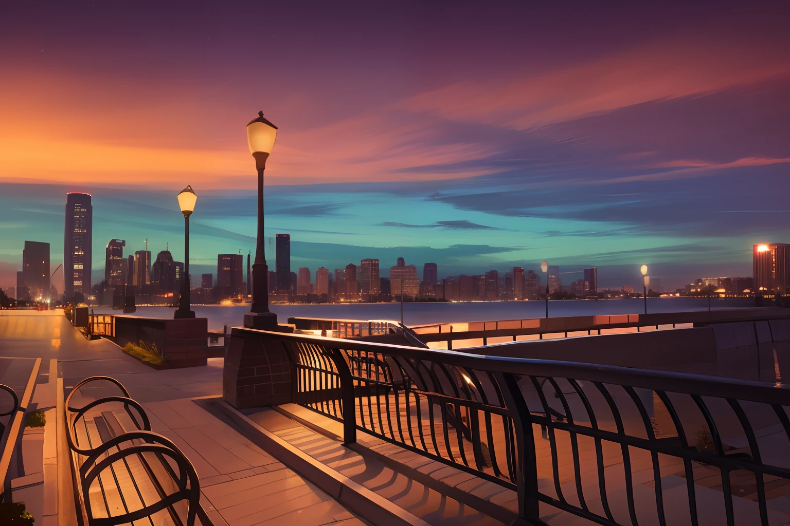 benches on a sidewalk next to a body of water at night, new jersey, city views, summer evening, city view, skyline showing, mixed art, night setting, urban surroundings, beautiful image, lisa kristine, city in the background, interesting background, beautiful cityscape, surrounding the city, ny, blue hour photography, evening lighting, beautiful views, late summer evening