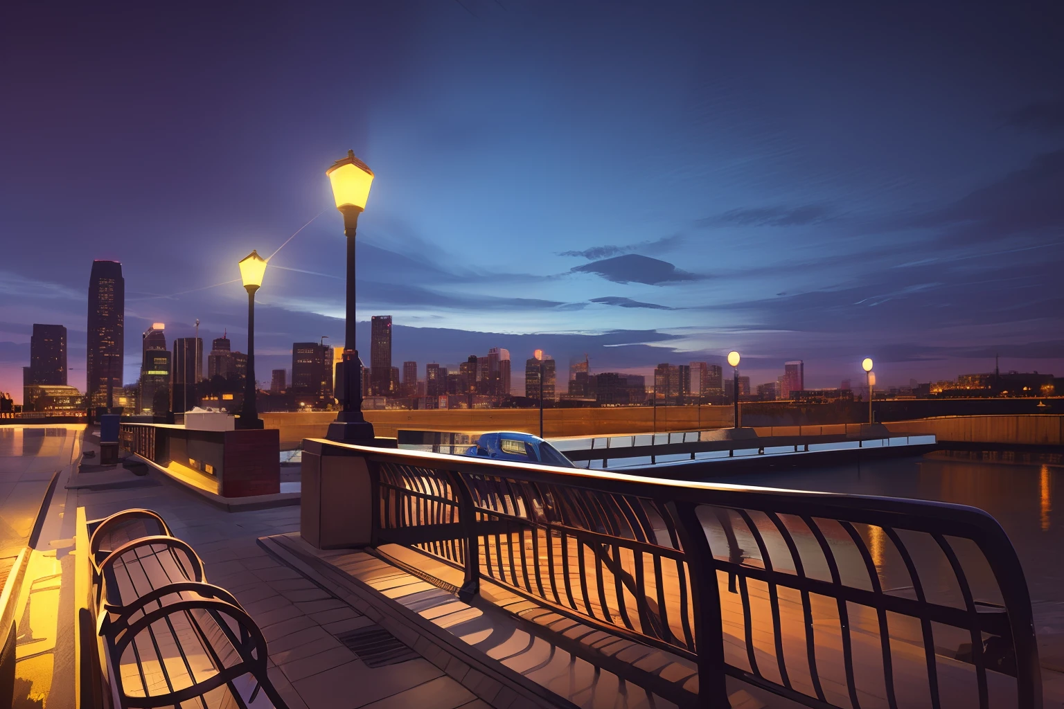 benches on a sidewalk next to a body of water at night, new jersey, city views, summer evening, city view, skyline showing, mixed art, night setting, urban surroundings, beautiful image, lisa kristine, city in the background, interesting background, beautiful cityscape, surrounding the city, ny, blue hour photography, evening lighting, beautiful views, late summer evening