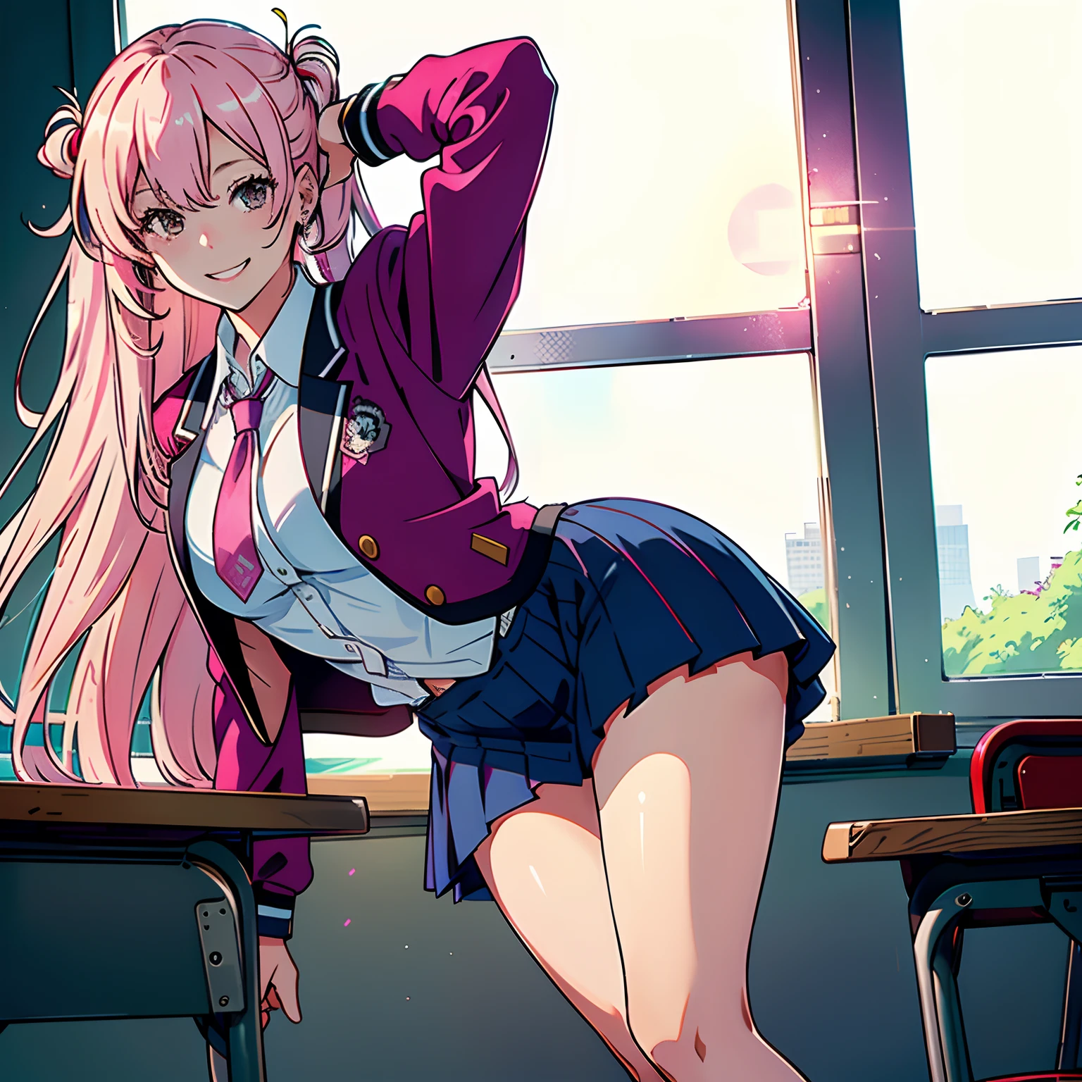 Ultra High Resolution, 16 K, ((masutepiece)), ((Best Quality))), ((super detailed)), girl with, Long pink hair, High School Uniform, Smile, In the classroom