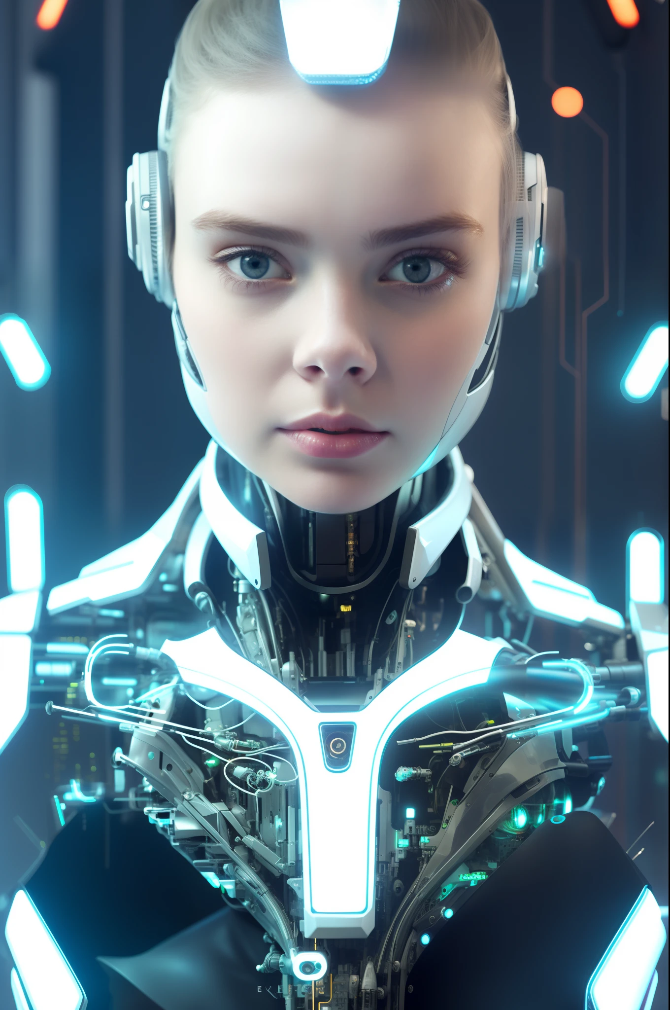 a woman with a futuristic headpiece and headphones, beutiful white girl cyborg, beutiful girl cyborg, cyborg - girl, cyborg girl, cute cyborg girl, portrait beautiful sci - fi girl, beautiful cyborg girl, young lady cyborg, perfect android girl, cyborg woman, elle fanning as an android, beautiful cyberpunk girl face, perfect cyborg female