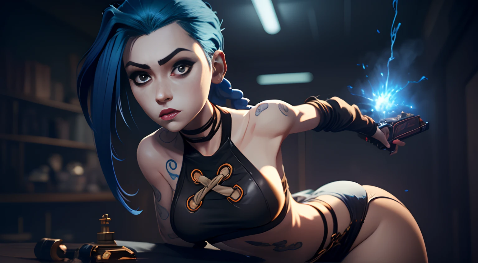 Jinx's character design, sexypose, Erotica, bare breast, teats, Beautiful figure, butt, kitty, Arcane's Jinx, Holding a sparkling and glowing box in his hands, Bright blue and purple sparks all around, glowing eyes, Pink glowing eyes, hairlong, hairsh, braided into long braids, Pigtails hang below the knee, Hair color changes from bright blue to navy blue, Dressed in brown breeches, Leather boots on the feet, Top with four gold circles on the chest in the middle of the chest, Blue cloud tattoos on shoulders and waist, Long bangs, hanging on the right side, Belt with cartridges on the belt, A pistol in a holster on his left leg, Arcane style, extremely detailed CG unity 8k wallpaper, detailed light, Cinematic lighting, chromatic aberration, glittering, expressionless, epic composition, dark in the background, Cherecter Desing, Very detailed, Detailed body, Vibrants, Detailed Face, sharp-focus, anime art, Vibrants, Detailed Face, Hugh Details, sharp-focus, Very drooping face, A detailed eye, super fine illustration, better shadow, finely detail, Beautiful detailed glow, Beautiful detailed, Extremely detailed, expressionless, epic composition,