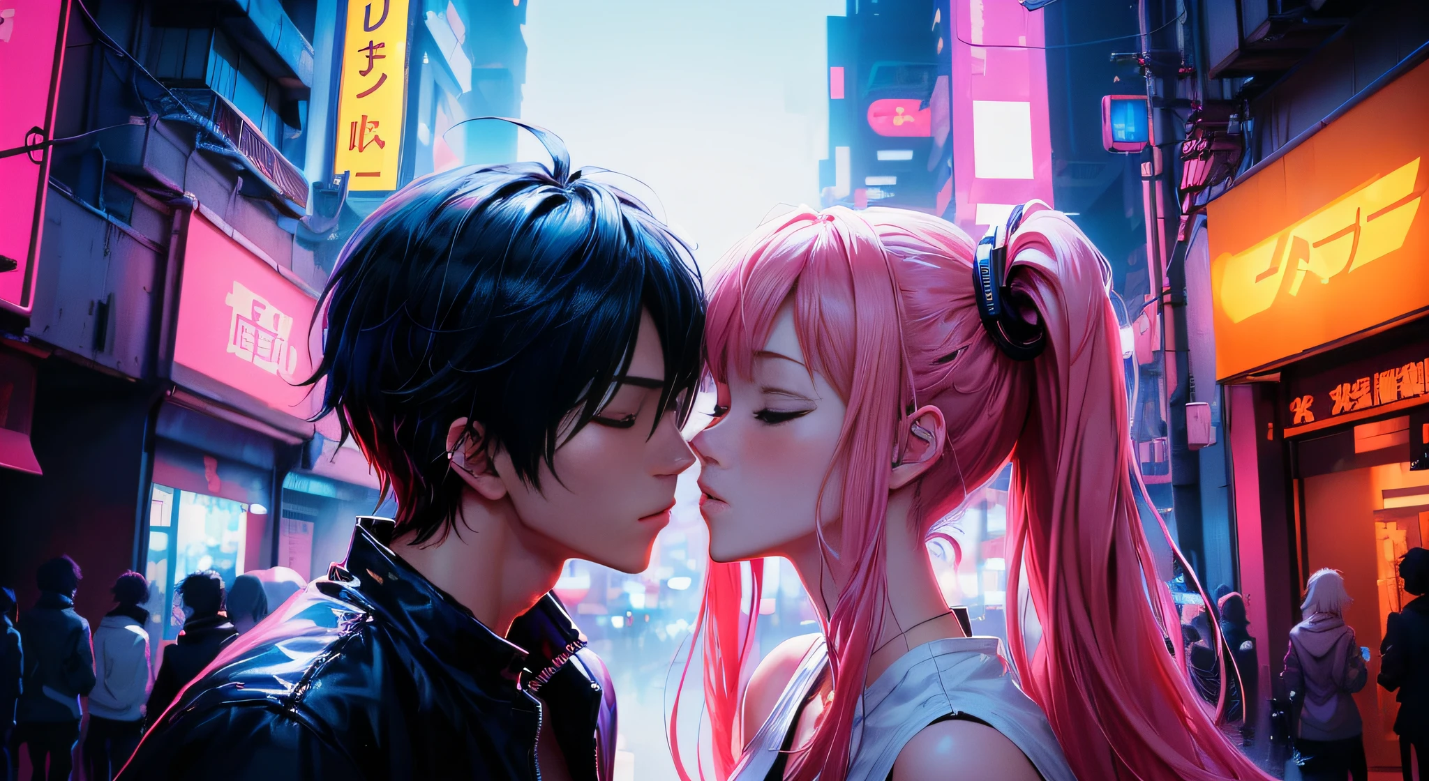 anime couple kissing with eyes closed in the city at night, sensual, sexy, anime style 4 k, night ambient, cyberpunk, neon light, edgerunners, 2077, anime art wallpaper 8 k, anime art wallpaper 4k, anime art wallpaper 4 k, anime wallpaper 4 k, anime wallpaper 4k, anime style. 8k, artwork in the style of guweiz, 4k anime wallpaper, anime styled digital art, ultra hd anime wallpaper