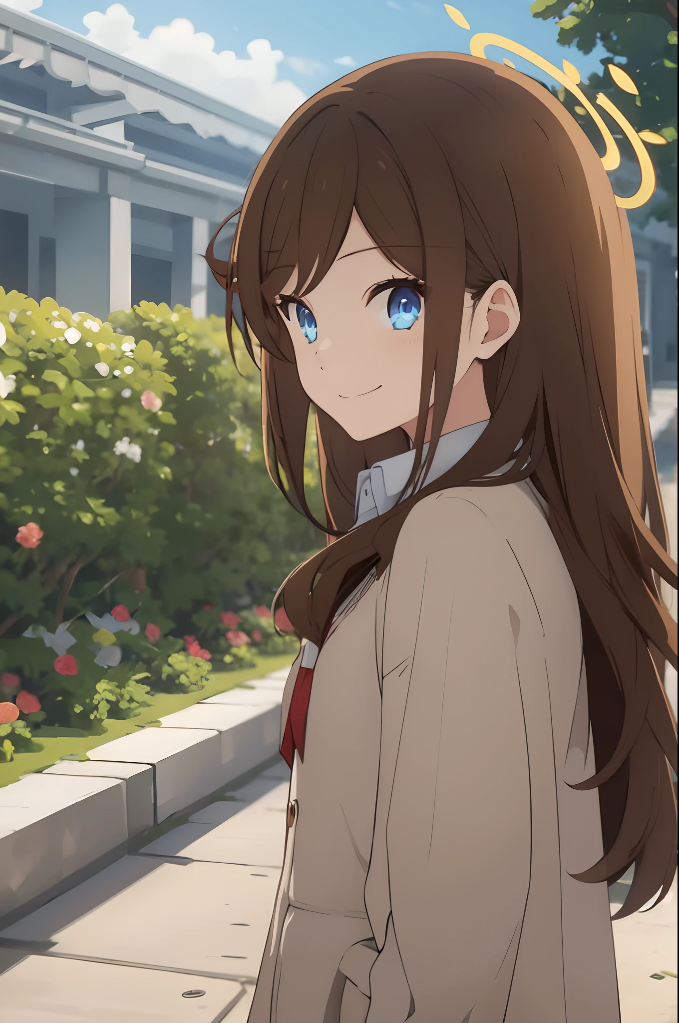 1girl, brown hair, smiling, blue eyes, blue halo, uniform, inside school