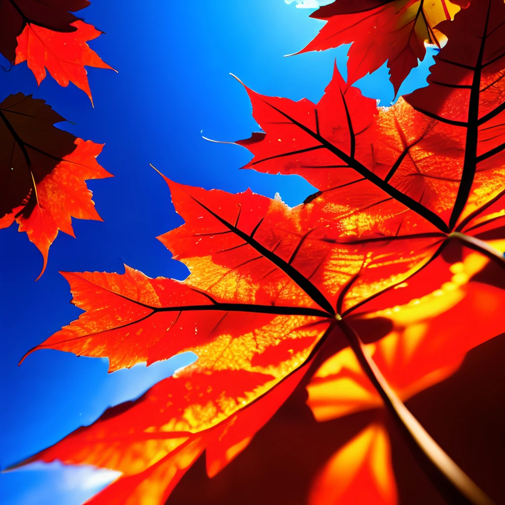 Looking up at the backlit red maple leaves, bottom view from below