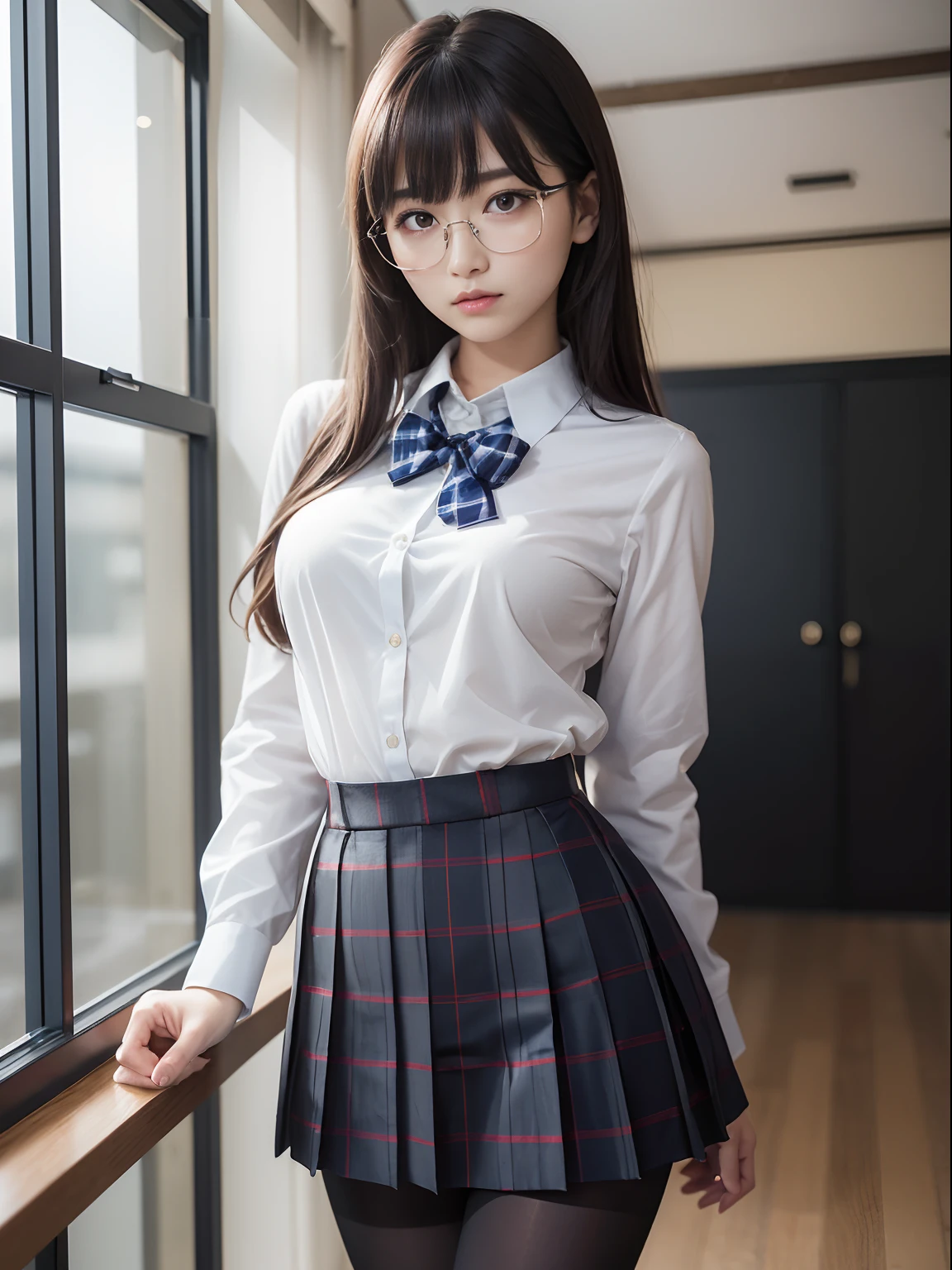 (Long ponytail),(Underwear is visible),(8K、Raw photography、top-quality、masterpiece:1.2),pigeon chest,glamor,Chromo-white skin,cocky,School,watching at viewers,Looking at the front,Muchimuchi,High-pitched clothing,Erotic,Pupils,de pele branca,kne,((Black pantyhose)),absurderes,a small face,,Forehead visible,Bangs hanging from the left and right sides of the forehead,(a cold expression,Tight eyes,glares,Bullish,irate)、masterpiece,top-quality、超A high resolution,Raw photo,ren,Beautiful fece,One Person, 独奏,eye glass,,Dark look,Small breasts,fullllbody,Round glasses,JK school uniform,hi-school girl,A Japanese Lady,is standing,(Photorealsitic:1.37)、Photon mapping,Realistic、Beautie,Cute little face,Brown-eyed、Black socks、(Red bow tie)、Radio City、Physically Based Rendering、depth of fields、Blurry background、a picture,Body,beauty legs, Long legs, Thin leg,(Bangs are visible), hair, s lips, Blue_The eye, nosesoft,(Light blue shirt), (Navy and blue and white plaid pleated skirt), Knees are visible,Sheer clothing,, Thigh, Black cotton socks,Nogizaka Idol, 女優, Japanese ido
