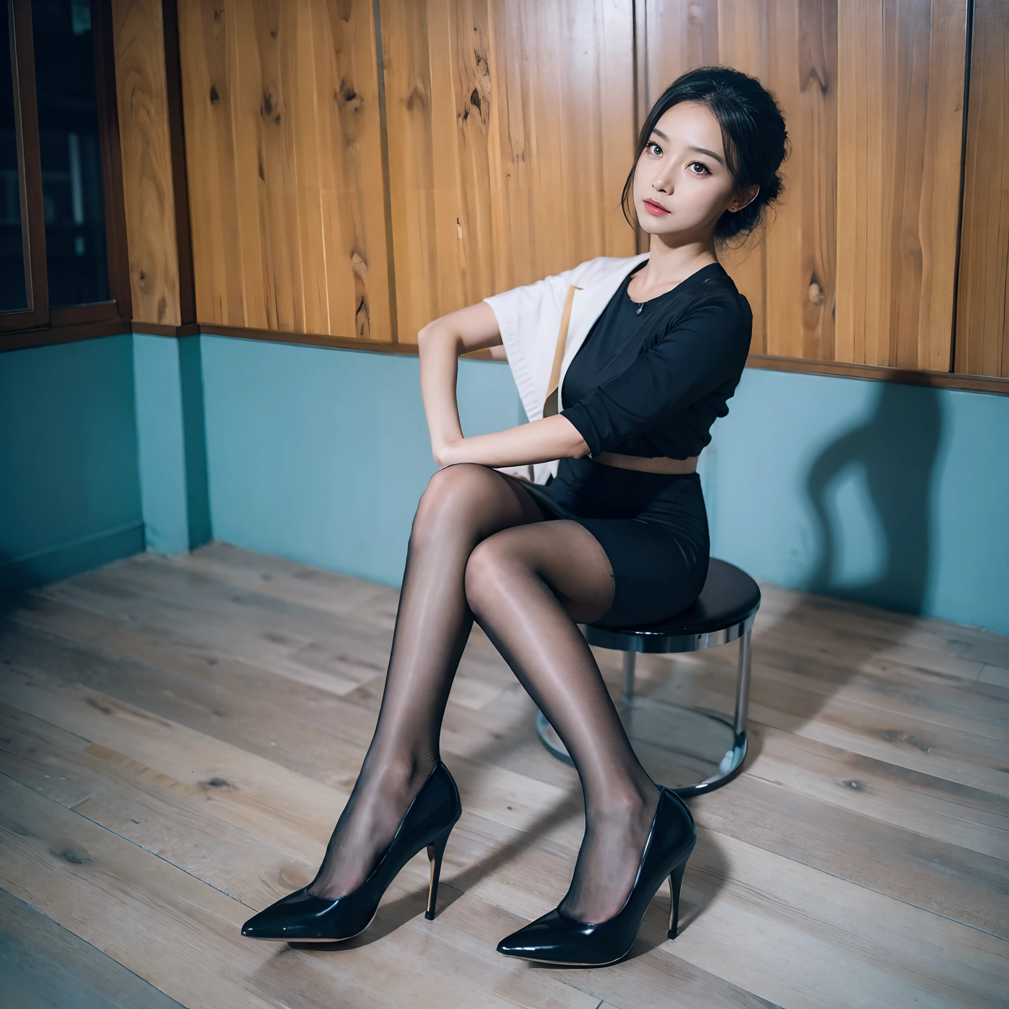 (absurdres:1.2),(slender:1.2),(full_shot:1.3),1girl,moyou,(balck pantyhose:1.1),chinese_style,short skirt,outdoors,sunshine,stiletto_heels,tall,leaning_to_the_side,