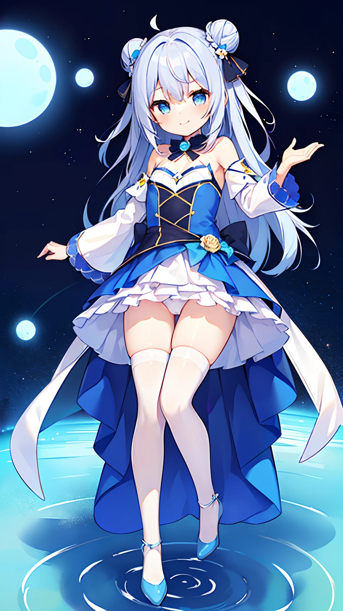 (top-quality), (masterpiece)、(ultla detailed)、(Beautiful girl alone:1.5)、Lori、cute little、The background is space、Floating、A smile、(FULL BODYSHOT)、From above、(Blue Party Dress:1.5)、Constellation pattern on clothes、(Detached sleeves)、white frills、(ar old:1.3)、Small breasts、(blue eyess)、A detailed eye、(silber hair:1.5)、(Straight hair:1.5)、double bun hair、(Longhaire:1.7)、(Blueneck bow:1.1)、(Spreading sleeves:1.2)、(White Knee Socks 1.2)、(blue shoes:1.1)、small flowers flying around