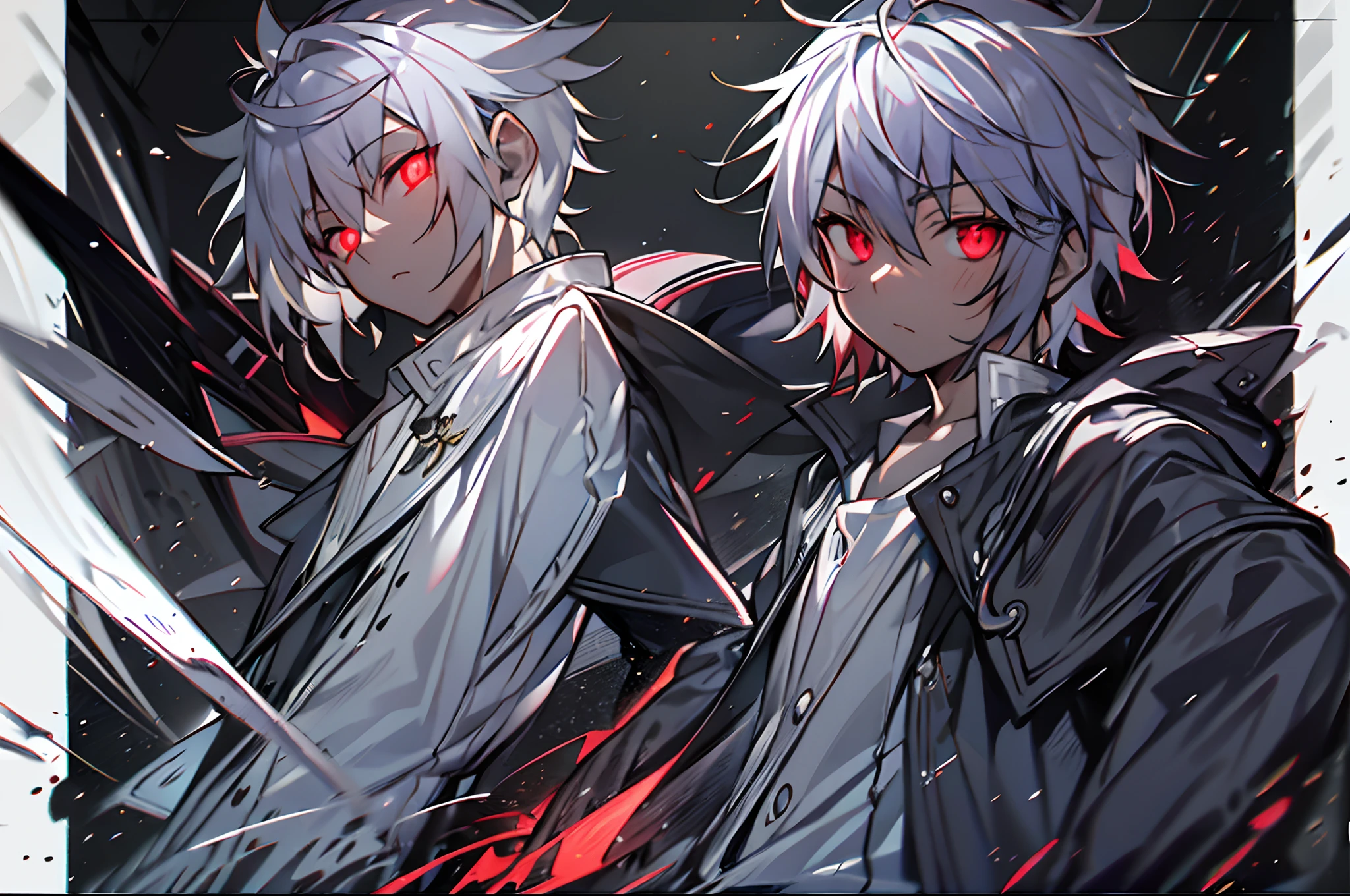 hight resolution,close range、Anime boy with white hair and red eyes staring at camera, Glowing red eyes,slim, dressed in a black outfit,Shadow Body,de pele branca,monochromes,hair messy,Straight face、Diagonal angle