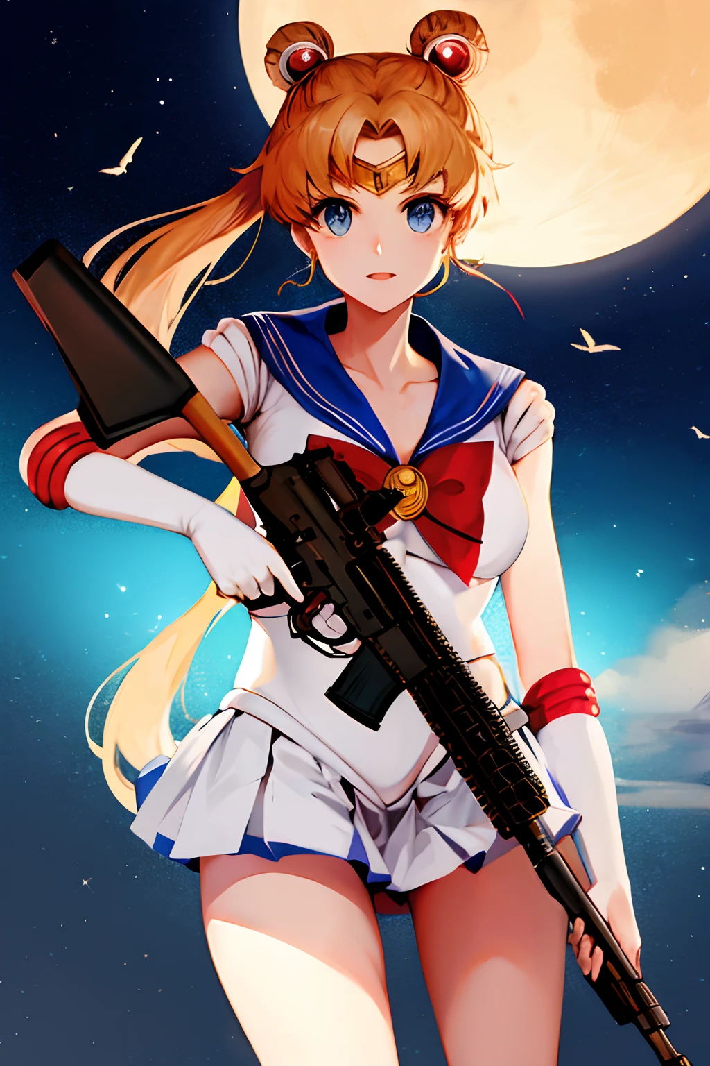 Sailor Moon holding an assault rifle