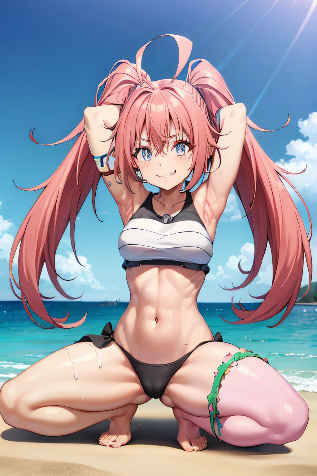 ((female)), (very messy hair), (sorriso feliz), Barragens, ((abdominais rasgados)), Toned arms and legs, peitos pequenos, Suor excessiva, (Summer beach scenery), olhos bem azuis, standingn, barefoot, ((Boxer Pose))
