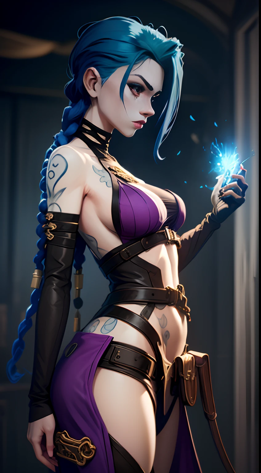 Jinx's character design, sexypose, Erotica, bare breast, teats, Beautiful figure,  butt, kitty, Arcane's Jinx, Holding a sparkling and glowing box in his hands, Bright blue and purple sparks all around, glowing eyes, Pink glowing eyes, hairlong, hairsh, braided into long braids, Pigtails hang below the knee, Hair color changes from bright blue to navy blue, Dressed in brown breeches, Leather boots on the feet, Top with four gold circles on the chest in the middle of the chest, Blue cloud tattoos on shoulders and waist, Long bangs, hanging on the right side, Belt with cartridges on the belt, A pistol in a holster on his left leg, Arcane style, extremely detailed CG unity 8k wallpaper, detailed light, Cinematic lighting, chromatic aberration, glittering, expressionless, epic composition, dark in the background, Cherecter Desing, Very detailed, Detailed body, Vibrants, Detailed Face, sharp-focus, anime art, Vibrants, Detailed Face, Hugh Details, sharp-focus, Very drooping face, A detailed eye, super fine illustration, better shadow, finely detail, Beautiful detailed glow, Beautiful detailed, Extremely detailed, expressionless, epic composition,