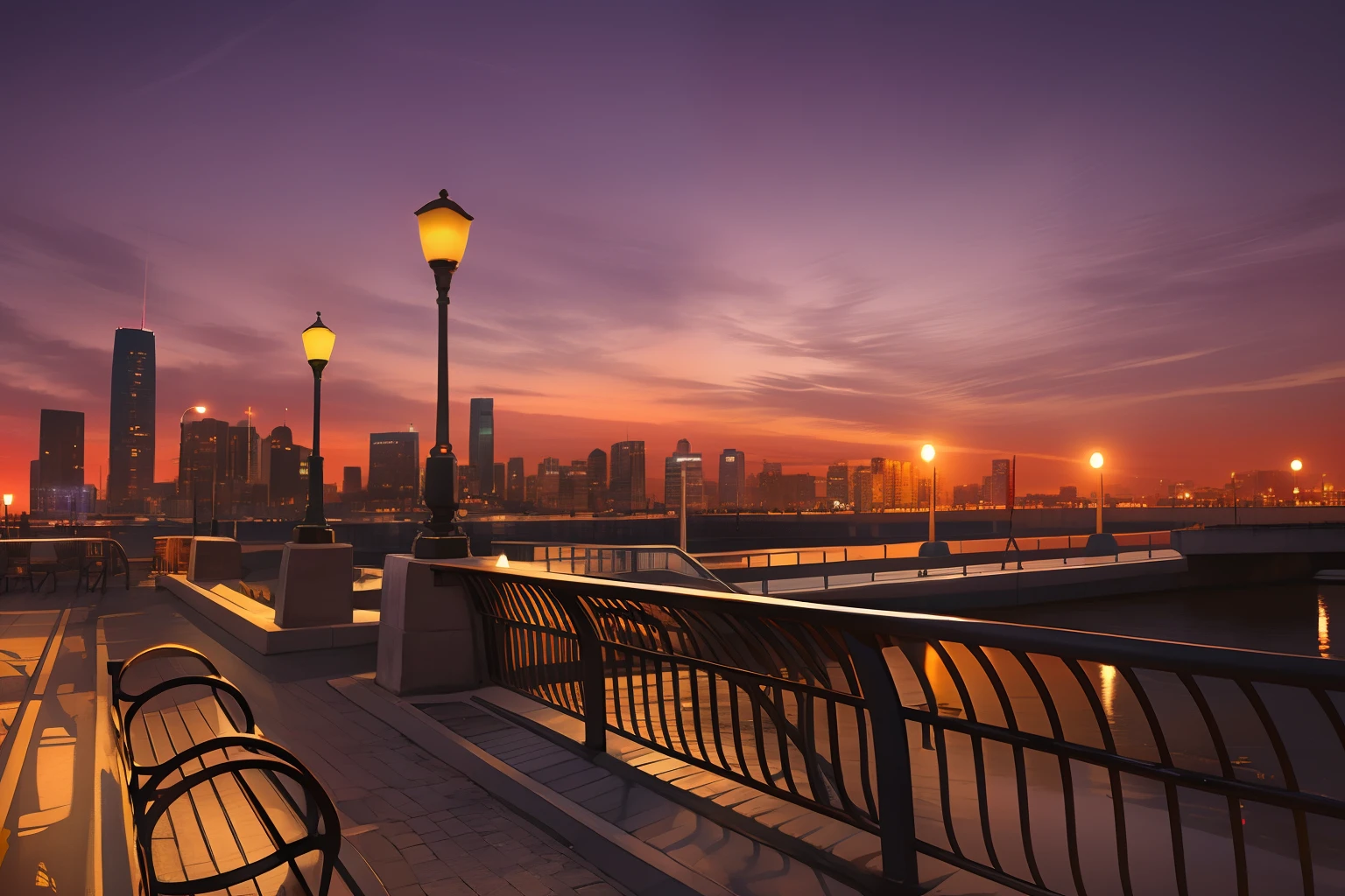 benches on a sidewalk next to a body of water at night, new jersey, city views, summer evening, city view, skyline showing, mixed art, night setting, urban surroundings, beautiful image, lisa kristine, city in the background, interesting background, beautiful cityscape, surrounding the city, ny, blue hour photography, evening lighting, beautiful views, late summer evening