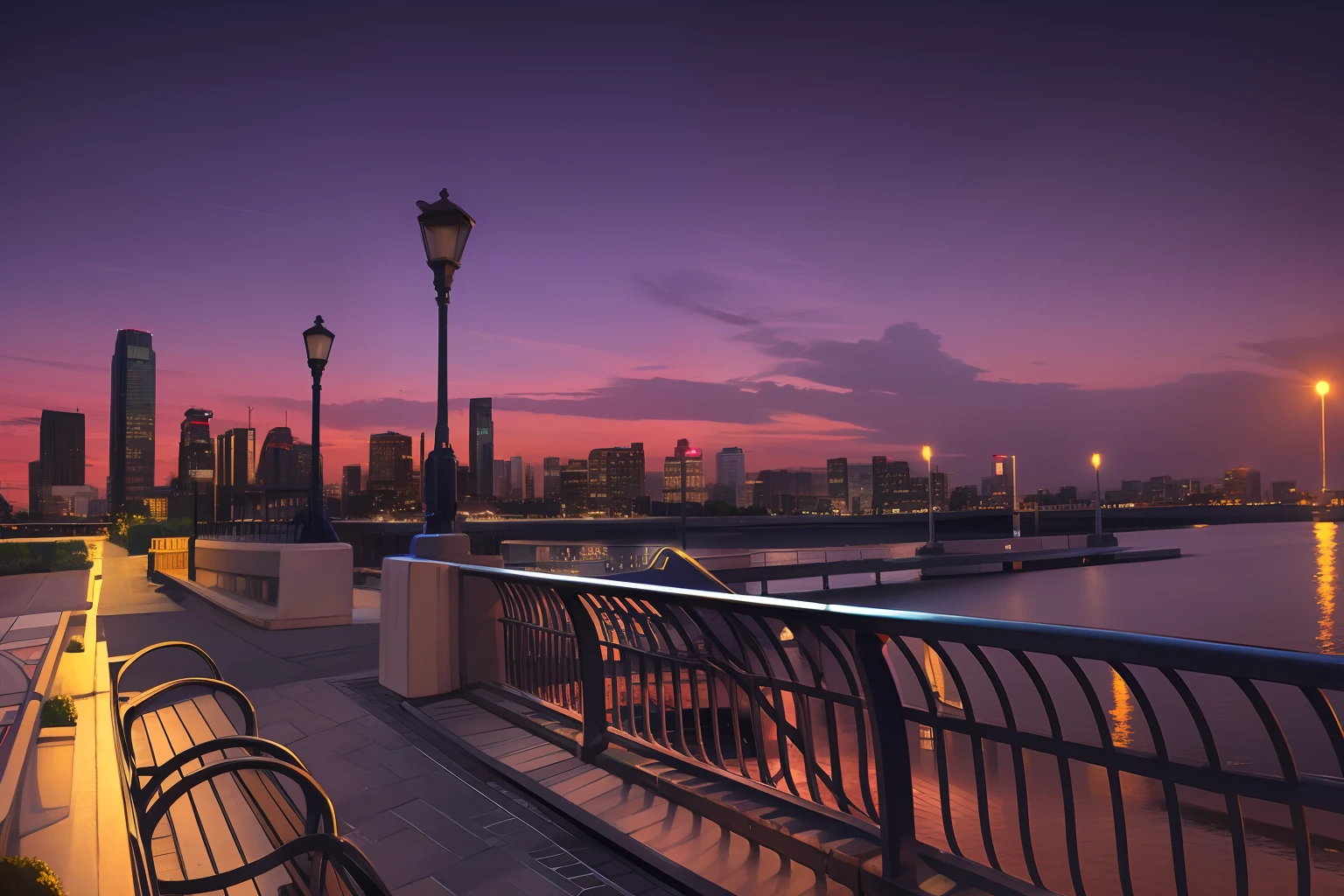 benches on a sidewalk next to a body of water at night, new jersey, city views, summer evening, city view, skyline showing, mixed art, night setting, urban surroundings, beautiful image, lisa kristine, city in the background, interesting background, beautiful cityscape, surrounding the city, ny, blue hour photography, evening lighting, beautiful views, late summer evening