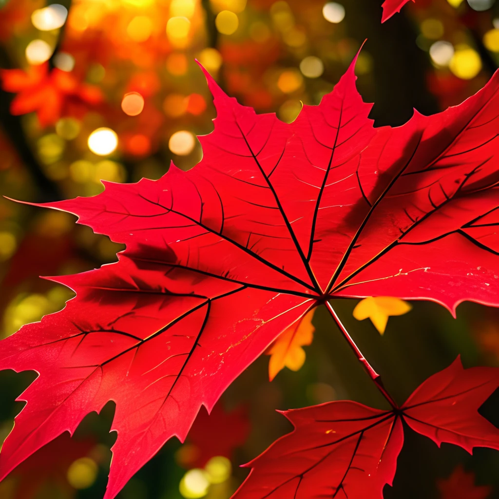 Looking up at the backlit red maple leaves, bottom view from below