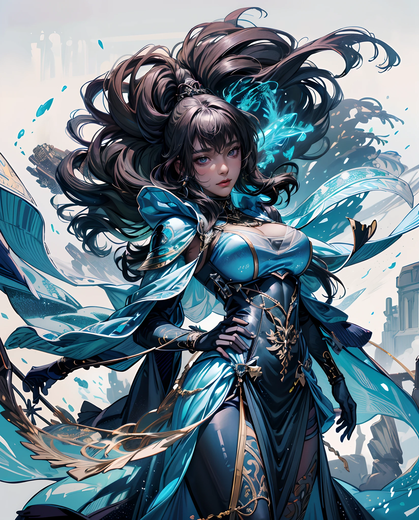 Fine illustration, ultra detailed, highres, from below, beautiful, elegant woman, elegant standing_pose, blue_dress, black_afro_glistening long hair, warrior, dark_skin_female, Fantasy world, detailed bodysuit with glittery paladin woman_dress, detailed embroidery, extremely layered frills, detailed texture, detailed pattern, mage,