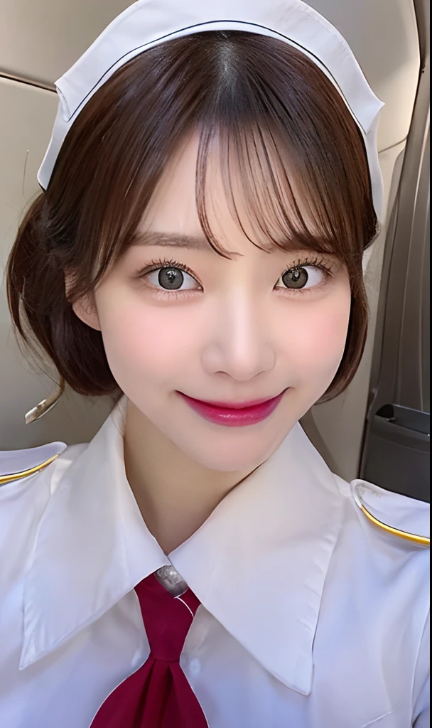 in 8K、top-quality、masterpiece、超A high resolution、do an updo、(flight attendant:1.5)、Photos taken by a professional photographer、Beautiful 25 year old Japan woman、 Elegance、There is a good、Transparent atmosphere、Beautiful face、Raised corners of the mouth、gently smiling、Gradient lighting、one girls、Delicate skin、Looking at the camera、Brown-eyed、Medium short hair、Breasts are big、pureerosface、(Inside the plane:1.2),(full bodyesbian:1.2)