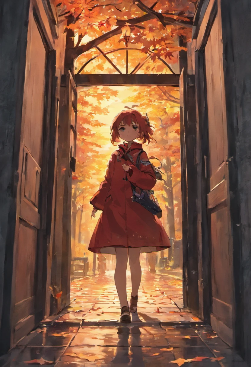 silhouette, scenery, maple_leaf, city, house, nature, castle, autumn_leaves, sunset, tree, solo, window, 1girl, red_theme, night, 1other, orange_theme, no_humans, tower, hat, halloween, leaf, autumn, gate, bat_(animal), building, bridge, dark, east_asian_architecture, sky, outdoors, architecture, ambiguous_gender