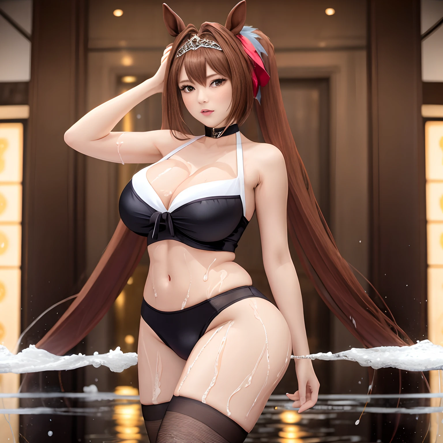 ((​masterpiece、top-quality))、1girl in、Daiwa Scarlet、Daiwa Scarlet、Marl、Horse Girl、brown haired、long_hair、Twin-tailed、red_eyes、thighs thighs thighs thighs、Underbust、Very long hair,Twin tails up to the waist,red blush ,1 girl, Large breasts, cleavage, Facing the audience, Very big, (Large valleys), (large sagging breasts), in hotel, Sexy, Glamorous, Body wet with white liquid ,Black Micro Bikini,string thong,fishnet tights,cowboy  shot