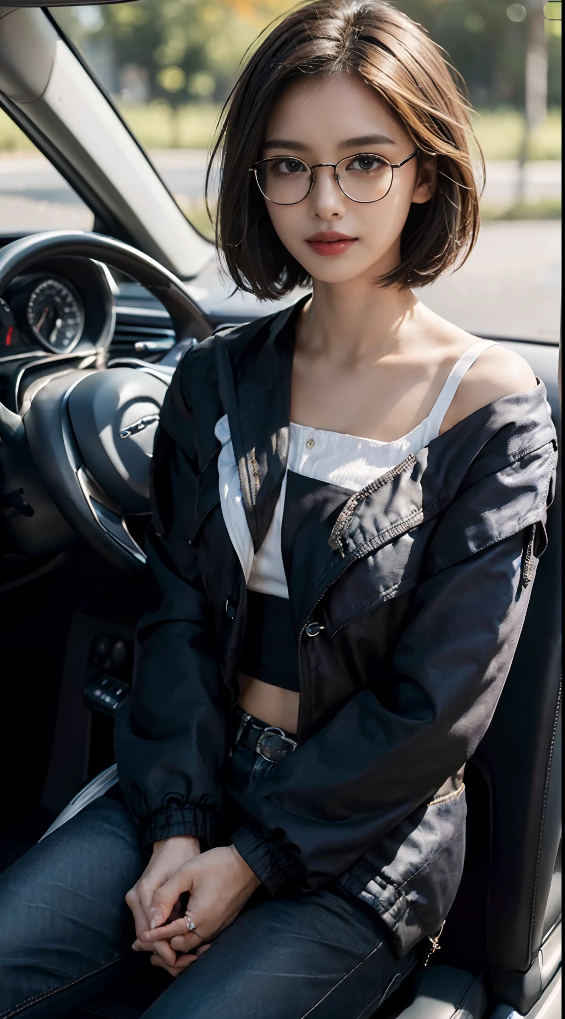 ((Small underboob)), (shoulder length straight short hair:1.4),Upper body, （Extremely meticulous CG 8k wallpaper），（Extremely refined and beautiful），（Masterpiece），（best qualtiy：1.0），（Ultra High Resolution：1.0），beautiful light up，Perfect lightning，realistic shaded，[A high resolution]，Smooth and flawless fair skin，Extremely exquisite facial details，（perfect body：1.1），ultra - detailed，A beautiful girl,small head,glasses,(Small breasts:1.1)，Flat chests，slim，thin，Smile，cheerfulness，(black jacket:1.5),(white shirt:1.3),(denim long pants:1.5），autumn，Morning,in a spacious private car,A female driver,(sitting in seat and place her both hands on the steering wheel:1.5),intently driving car,safety belt,Shot,(cowboy shot:1.3),as if the camera is on the passenger seat,(Portrait above chest level:1.3),looking straight ahead