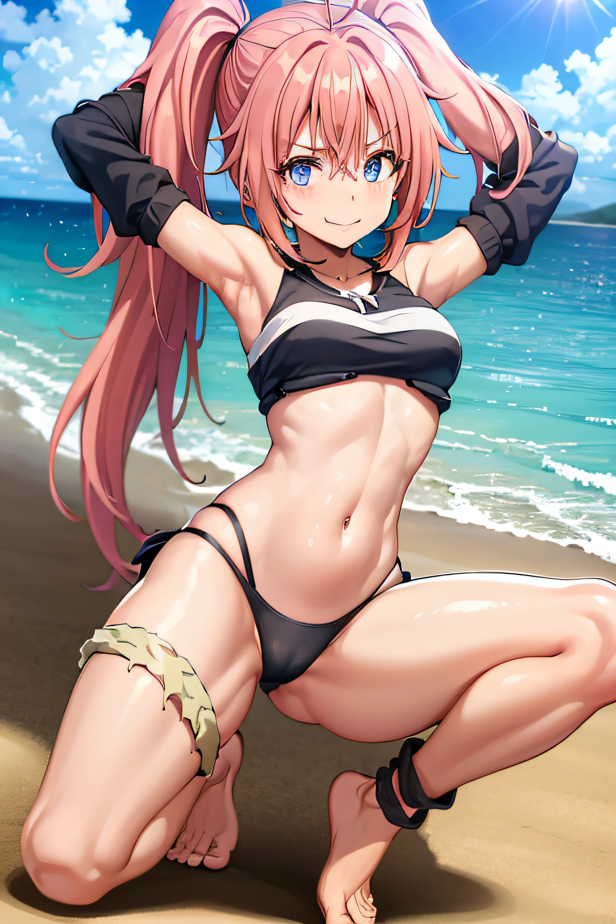 ((female)), (very messy hair), (sorriso feliz), Barragens, ((abdominais rasgados)), Toned arms and legs, peitos pequenos, Suor excessiva, (Summer beach scenery), olhos bem azuis, standingn, barefoot, ((Boxer Pose))