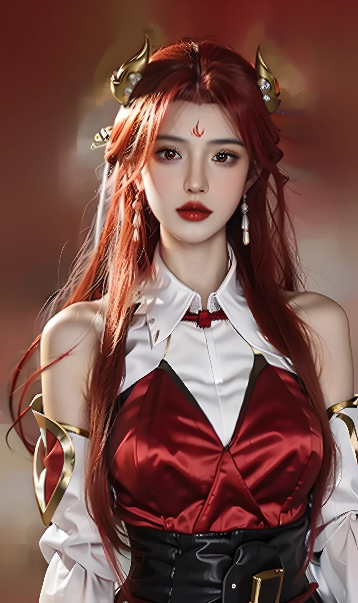 Girl, young and beautiful, tall and beautiful, fair face, perfect features, tall and beautiful, fair skin, good figure, heroic and valiant, heroic and valiant, wearing ancient Chinese armor, female general, Chinese ancient background, standing on the top of the mountain, 500 years ago, starry night, realistic, detailed, 8k, mix4,   red_dress,starry sky, fire, red hair, solo, hair ornament, long hair, red eyes, jewelry, earrings, dress, bare shoulders, red lips, upper body, white background, facial mark, crescent, lipstick, forehead mark, looking at viewer