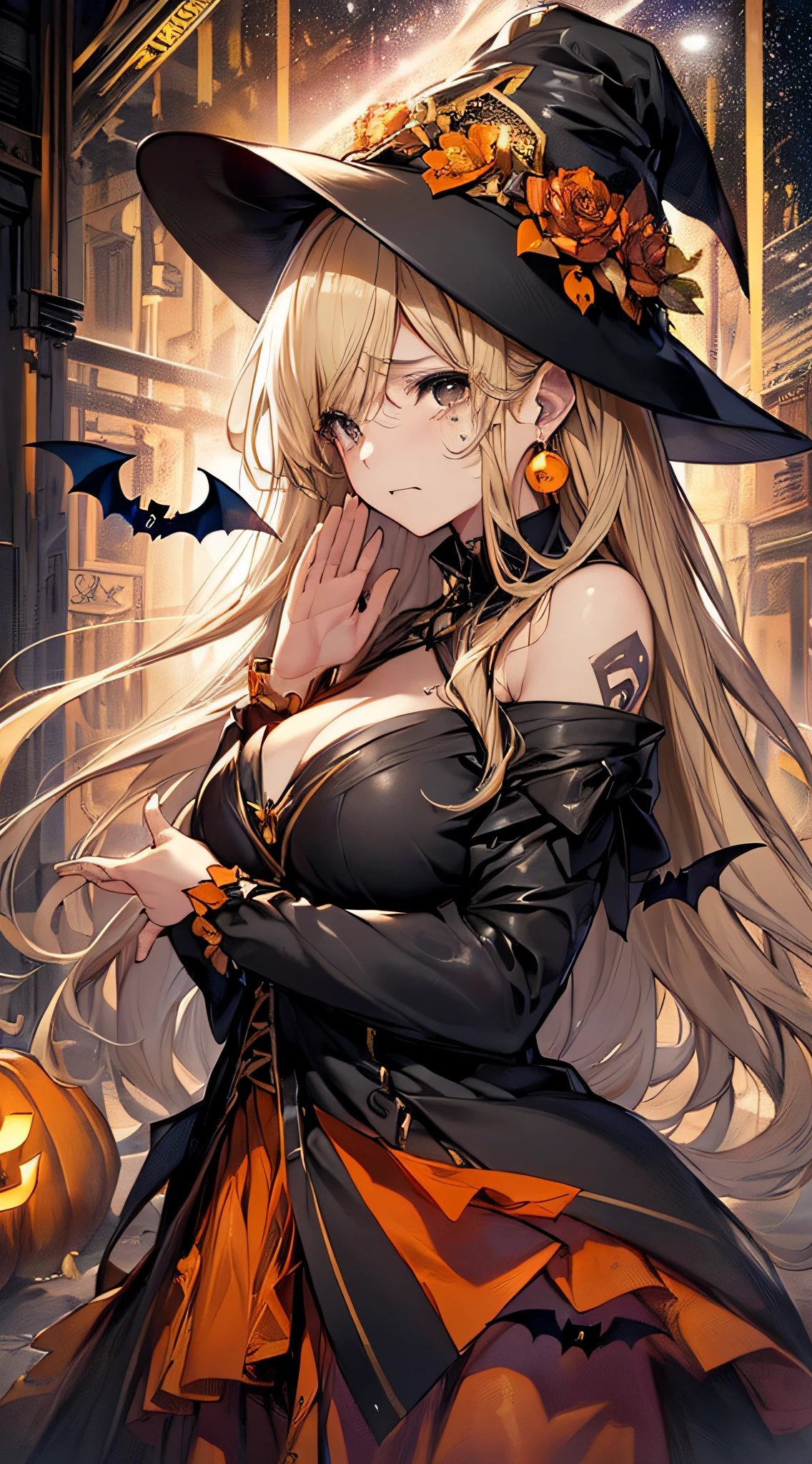 top-quality、Top image quality、masterpiece、s girl((18year old,Black Wizard Hat、Black and orange sexy clothes,Orange and black skirt、Orange muffler,Best Bust、Bust 85、Blonde long hair,Black eyes、open chest wide、Valley、Happiness、A slender、Blood coating、Emphasis on the chest、Bats tattoo、Gold Earrings、Teary-eyed、shed tears,waving at viewer,))hiquality、Beautiful Art、Background with((Halloween at night))、Depth(Rift in space-time)masutepiece、Elaborate design、visualart、high contract、The best lighting、highestdetailed、low angles
