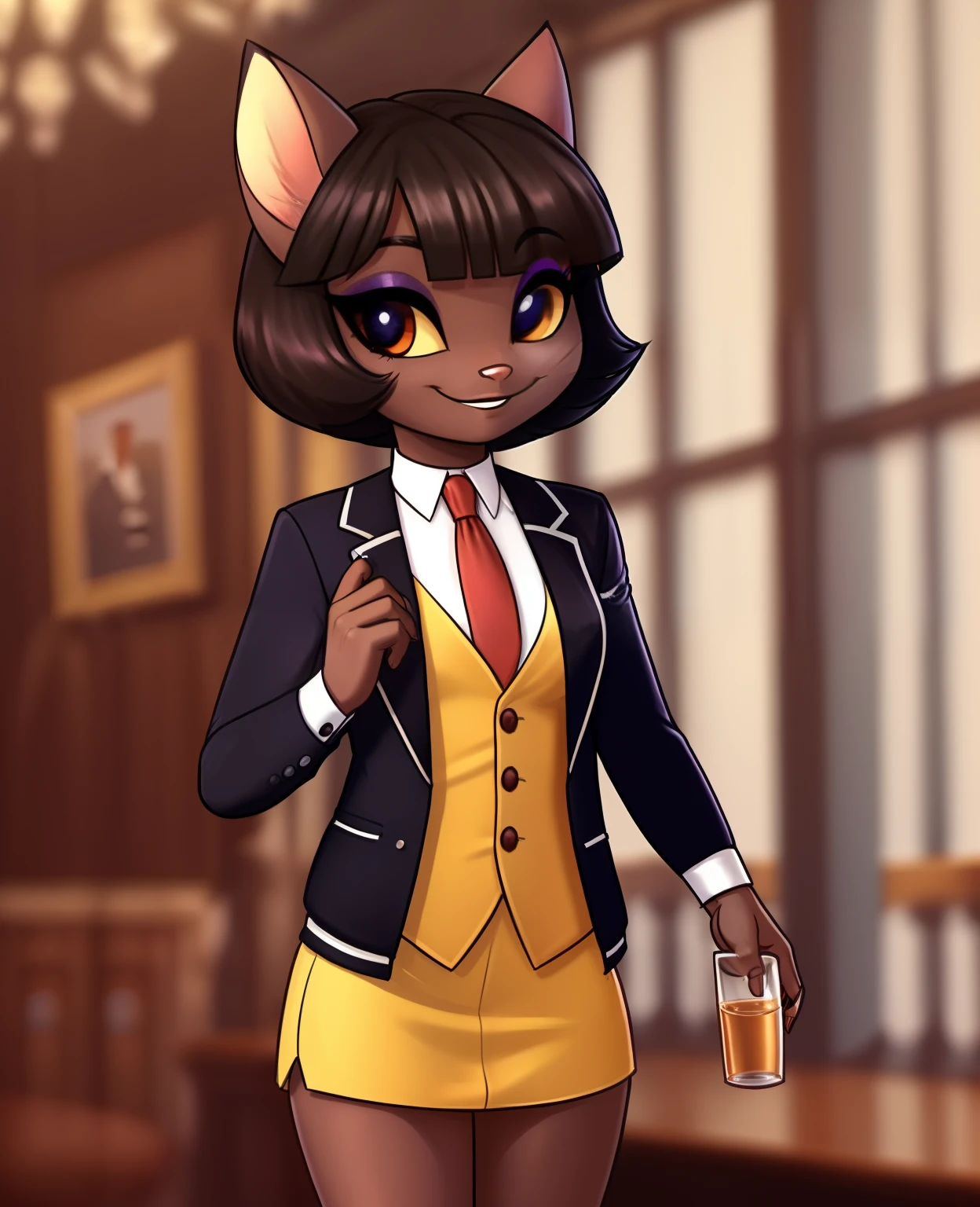 female, (Detailed face), (solo:1.1), [(thin:1.1) : small petite : (ivy pepper):4], (Detailed face), (more details, detailed background:1.1), (tail:1.1), smile, holding a glass in hand, satin skirt suit, pinstripe suit and tie, (((three-piece suit))), ((suit jacket with waistcoat)), silk dress shirt, shirt and tie, striped necktie, (((blazer))), (((suit jacket))), (((open jacket))), ((waistcoat)), (((bodycon miniskirt))), tights, (((pocket square))), (((tie clip))), (((cufflinks))), (((tail))), makeup, eyeshadow, shiny eyeshadow, bedroom eyes