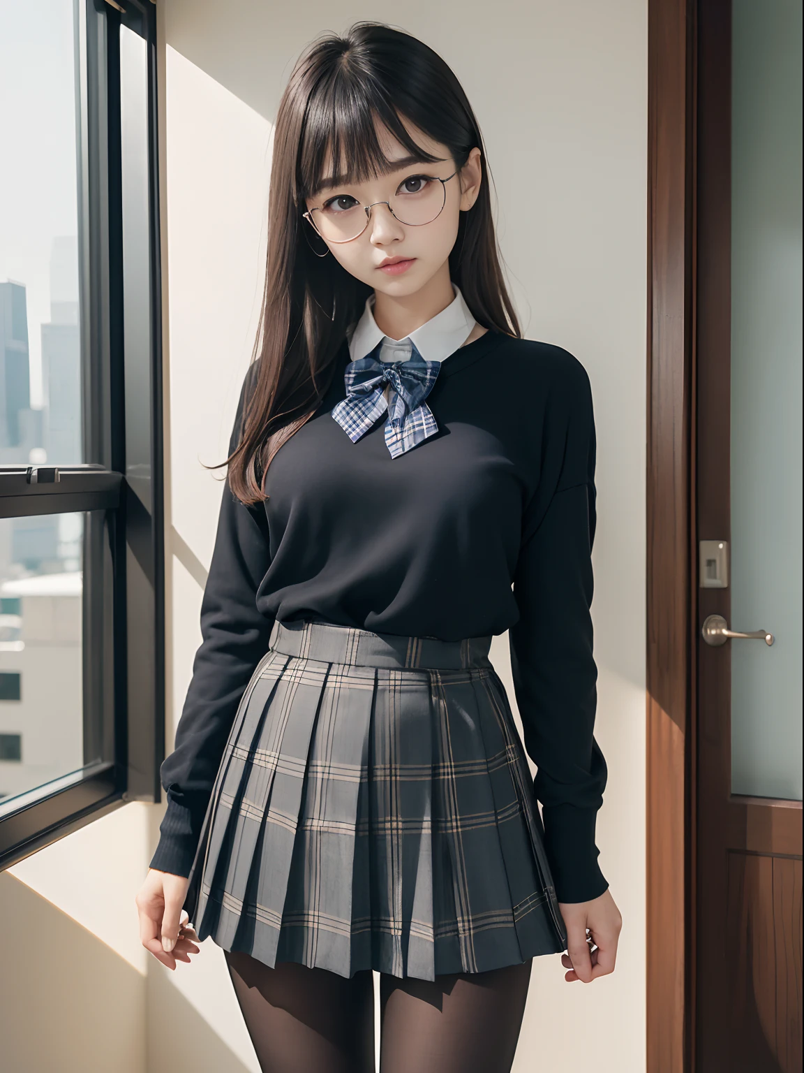 (I can see your underwear),(8K、Writing、Highest quality、masterpiece:1.2)、Chromo - White skin,Saucy,School,Watching the audience,Looking at the front,Erotic,((Black Pantyhose)),Disorganized,Small face,,Flat chest,前hairを真ん中から分けて、The forehead is visible,(Cold look,Tight eyes,Glare,strong,Are thin,anger)、masterpiece,Highest quality、Ultra-high resolution、Writing真、Benevolence、beautiful shit、one person、solo、Glasses、Dark Look、Small breasts、丸Glasses、JK、high school girl、Japanese women、Are standing、(PhotoReactive:1.37)、Photon Mapping、Real、Beauty、Cute face、Brown eyes、Black socks、(Red bow tie)、Radio City、Physically Based Rendering、Depth of written boundary、Blurred Background、image、body、Beautiful feet、Long legs、Thin legs、(前hairが見える)、hair、lips、Blue_The目、nose、(Light blue shirt)、(Navy, blue and white plaid pleated skirt)、I can see your knees、See-through clothing、Thighs、black cotton socks、Nogizaka Idol、、Japanese Ido