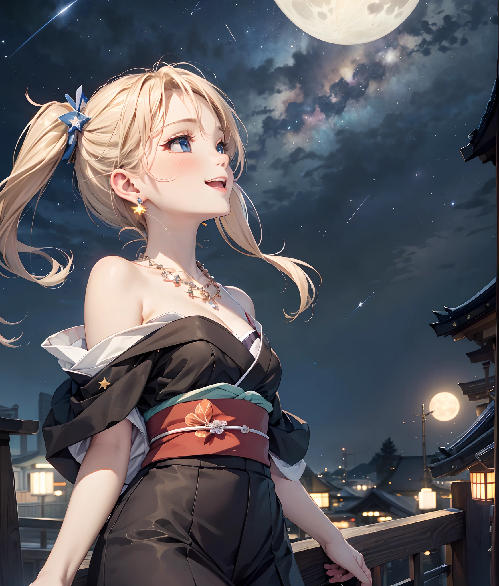 Top Quality, Masterpiece, Ultra Detailed, Ultra High Definition, 1 Female, Solo, 25 Years Old, (Shooting Star: 1.4), (Kyoto at Night: 1.4), Strip, (Looking Up: 1.3), (Illusion Effect: 1.7), Upper Body, (Happy Smile: 1.6), (Full Face Blush: 1.4), (Blunde Short Low twintail: 1.5), shiny hair, cleavage, big, blue eyes, small earrings, small necklace, starry sky, moon, colorful kimono, kanzashi,