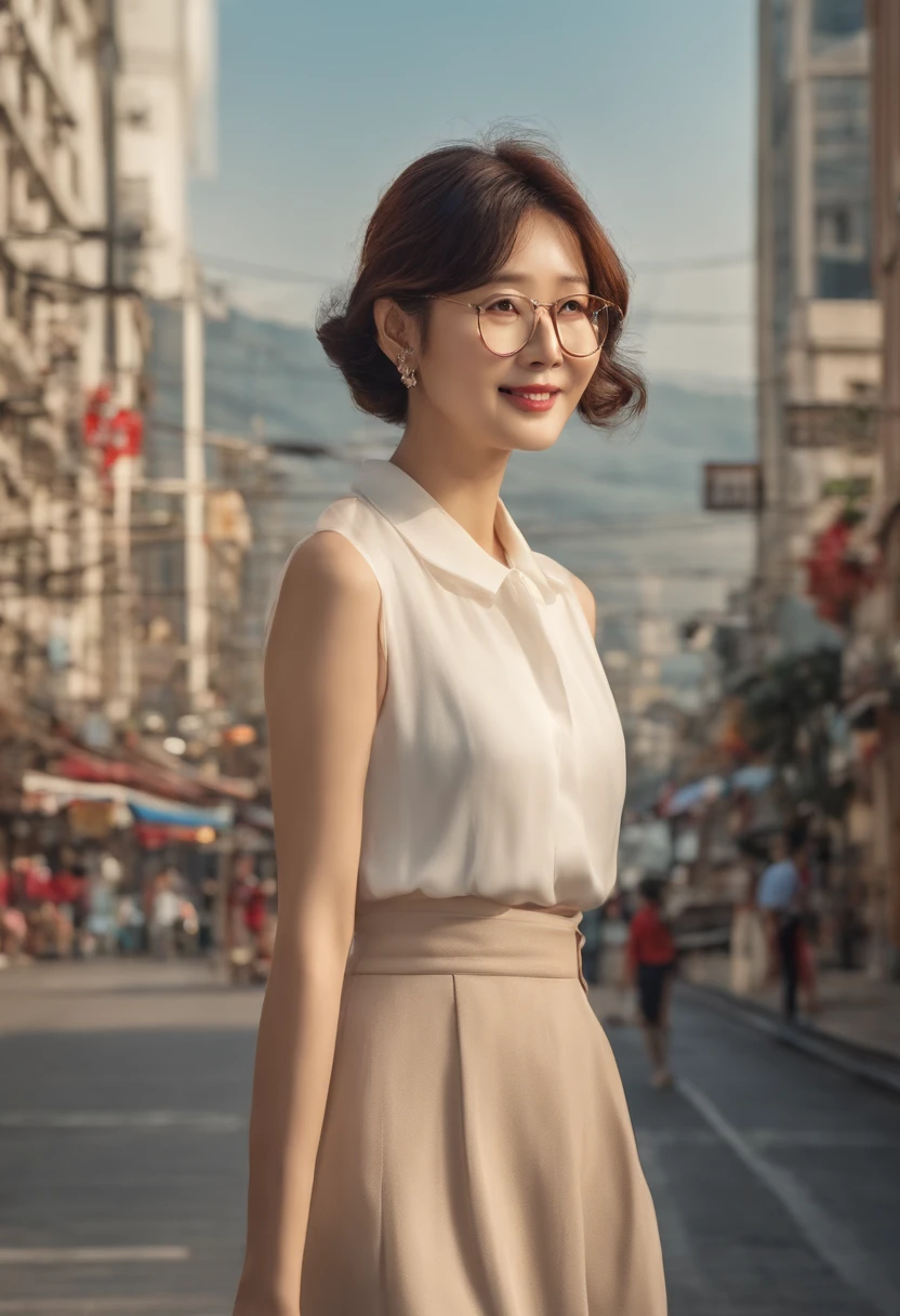 smiling woman in glasses standing in front of a busy street, sangsoo jeong, heonhwa choe, shin min jeong, kiyoko suzuki, ayamin kojima, taejune kim, jung gi kim, jaeyeon nam, nishihara isao, seseon yoon, jiyun chae, lee ji - eun, park ji-min