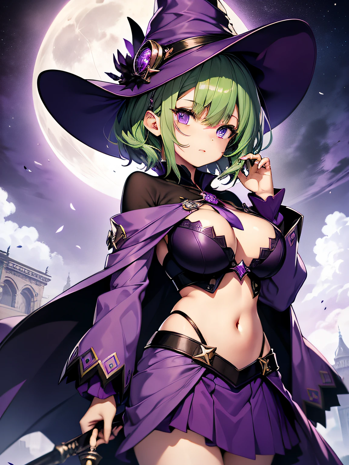 top-quality、extremely delicate and beautiful、(A  girl)、Purple Eye、Green hair、short-haired、(purple witch hat)、huge tit、Purple tie、Soio、shortsleeves、Purple skirt、Purple Wizard Robe、Navel、is standing、Full moon night on background、Villain side