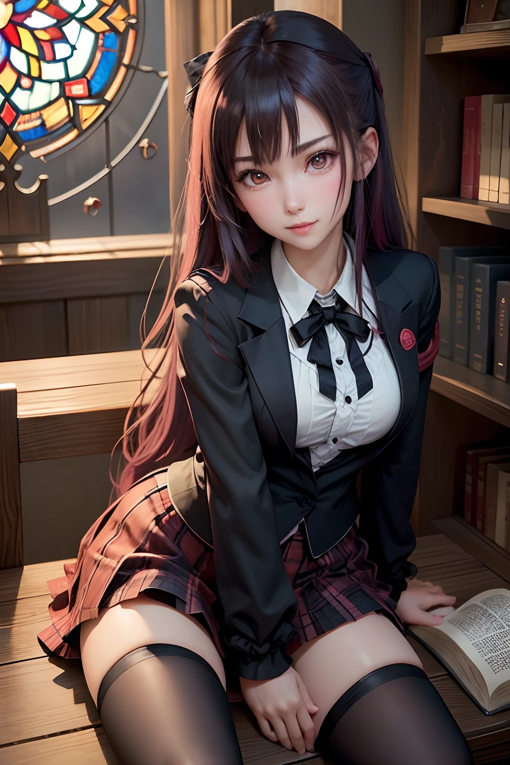 A sexy、Glamour、A slight smil、knee high socks、panthyhose、Beautie、Beautiful shape、wretched、boredom、Unusual beauty、Fornication、Good skin luster、Long hair straight hair、pinkhair、lovely、Kiss Face、seductiv、Strong sexual pleasure、open your legs a little、JK style、high-school uniform、Black Blazer、Red checked skirt、18year old、saddened、Unhappy、Transcendent beauty、slightly thicker thighs、small mouth、masturbation、Open your mouth wide to the maximum、Nasty look、Put your hand on your crotch、Goth Lo Remake、Neat face、Writhing expression、Maid Taste、A little eye-catching、The nose is neat、garterbelts、Smile a little、Library Background、book library、Boken、Find a book、read a book、Closed bookshelves、stained glass window、