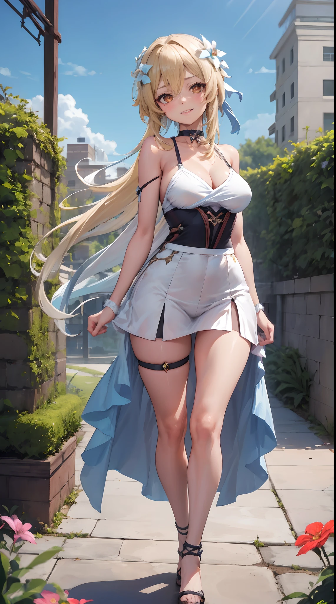 Lumine | genshin impact, master-piece, bestquality, 1girls,25 years old, proportional body, proportional., Wedding Dresses, White Wedding Dress, wedding, mediuml breasts, ,bara, choker, (Graffiti:1.5), Splash with purple lightning pattern., arm behind back, against wall, View viewers from the front., Thigh strap, Head tilt, bored, 10, 10, HD, slight smile,