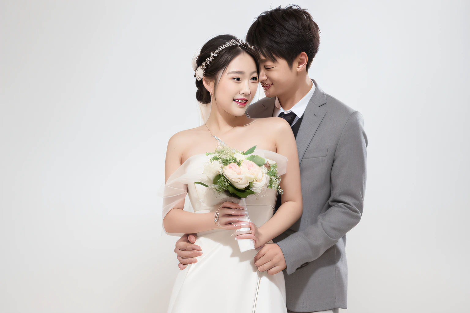 there is a man and woman in a wedding dress posing for a picture, wedding photo, cute couple, Happy couple, couple pose, Bride and groom, Ruan Jia and Fenghua Zhong, 155 cm tall, height of 165cm, in front of white back drop, Background with, Cai Xukun, Official product image, photoshoot