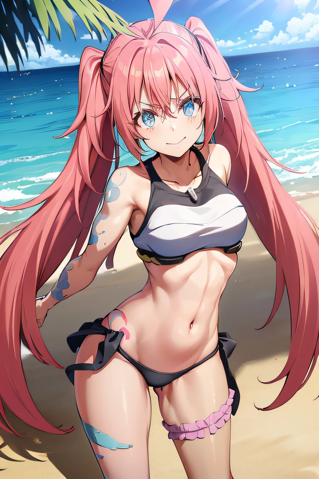 ((female)), (very messy hair), (sorriso feliz), Barragens, ((abdominais rasgados)), Toned arms and legs, peitos pequenos, Suor excessiva, (Summer beach scenery), olhos bem azuis, ((standingn)), bare-legged, pernas musculosa