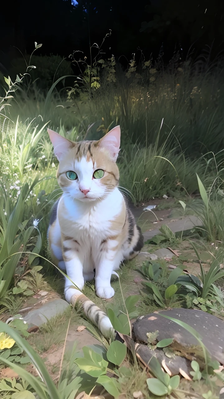 There is a cat sitting in the grass at night, Calico cat, cat photo, cat female with a whit and chest, beautiful picture of stray, cat photo, calico, glaring at the camera, during night, photo taken at night, discovered photo, with glowing yellow eyes, Outdoor photography, stares at the camera, Very shining eyes