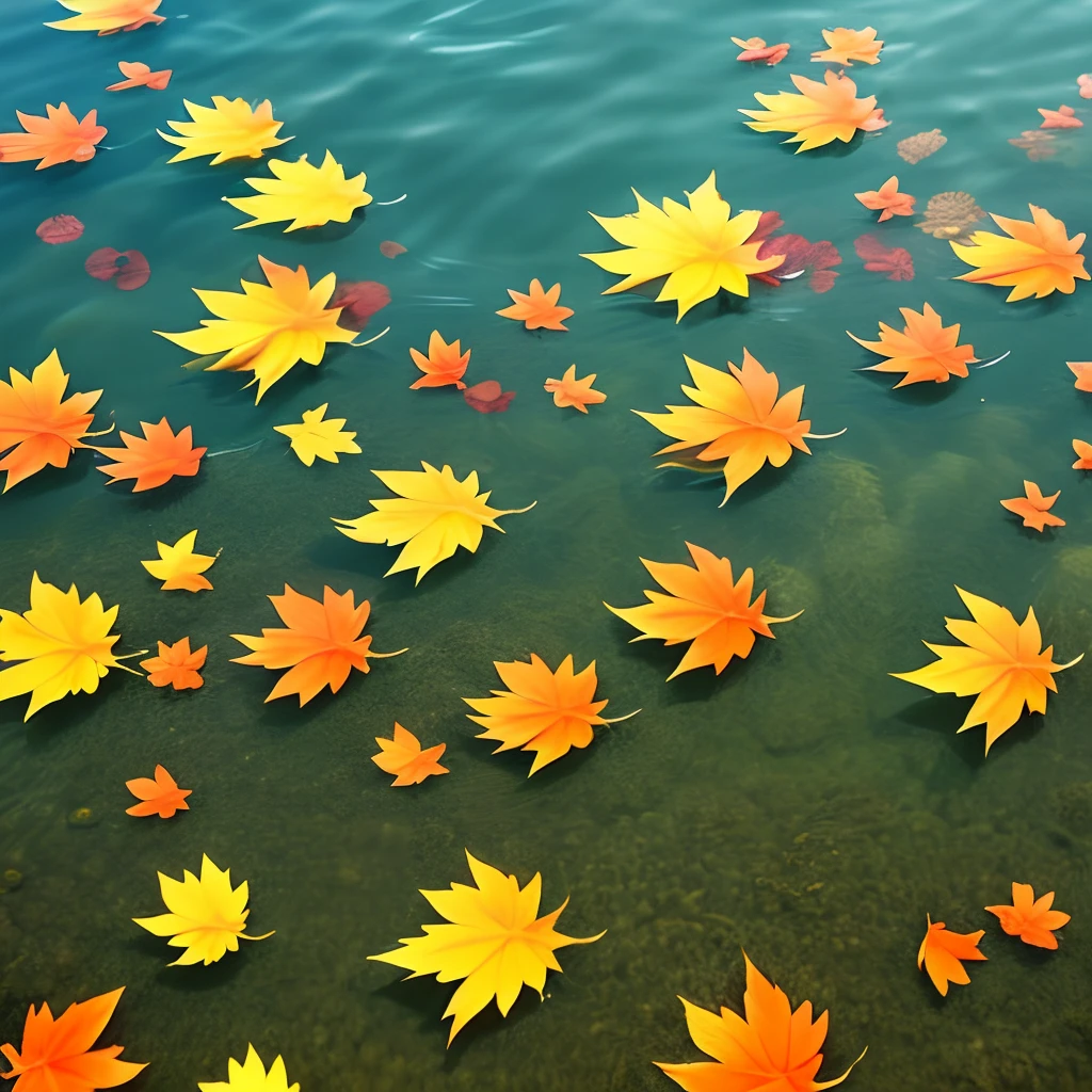 colored carp are swimming. Three maple leaves are floating on the water. top view from above,