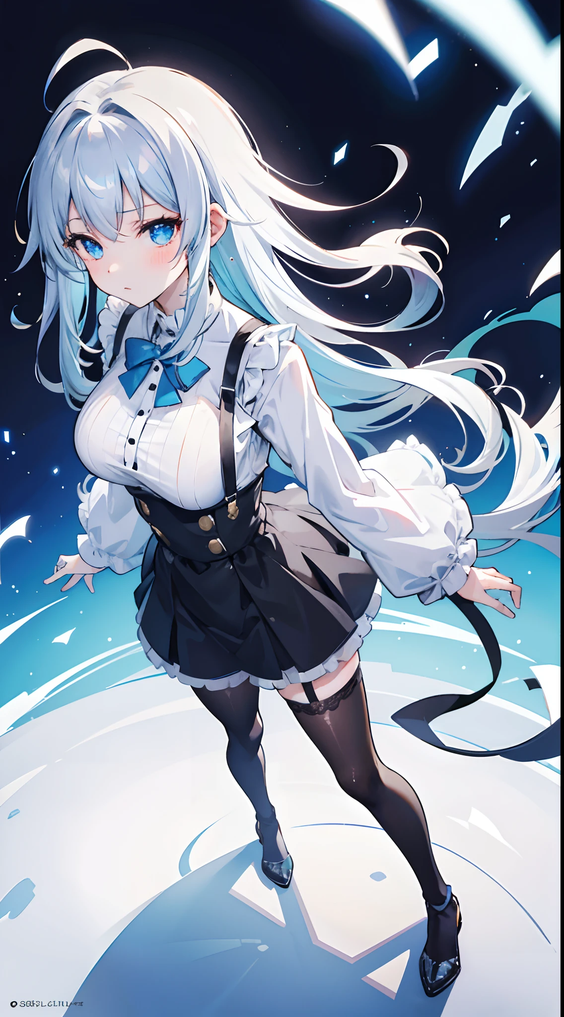 {An ultra-high picture quality}，{Best Quality}, {ultra-detailliert}, {very detailed illustration}, {Top image quality}，{{silber hair}}, Aimei, Ahoge，Suspender Skirt，adult body，Moderately large breasts，long-sleeve，18-year-old body，Black tights，Full body like，Standing up，From  above，glareing，Looks Back，Niō Standing